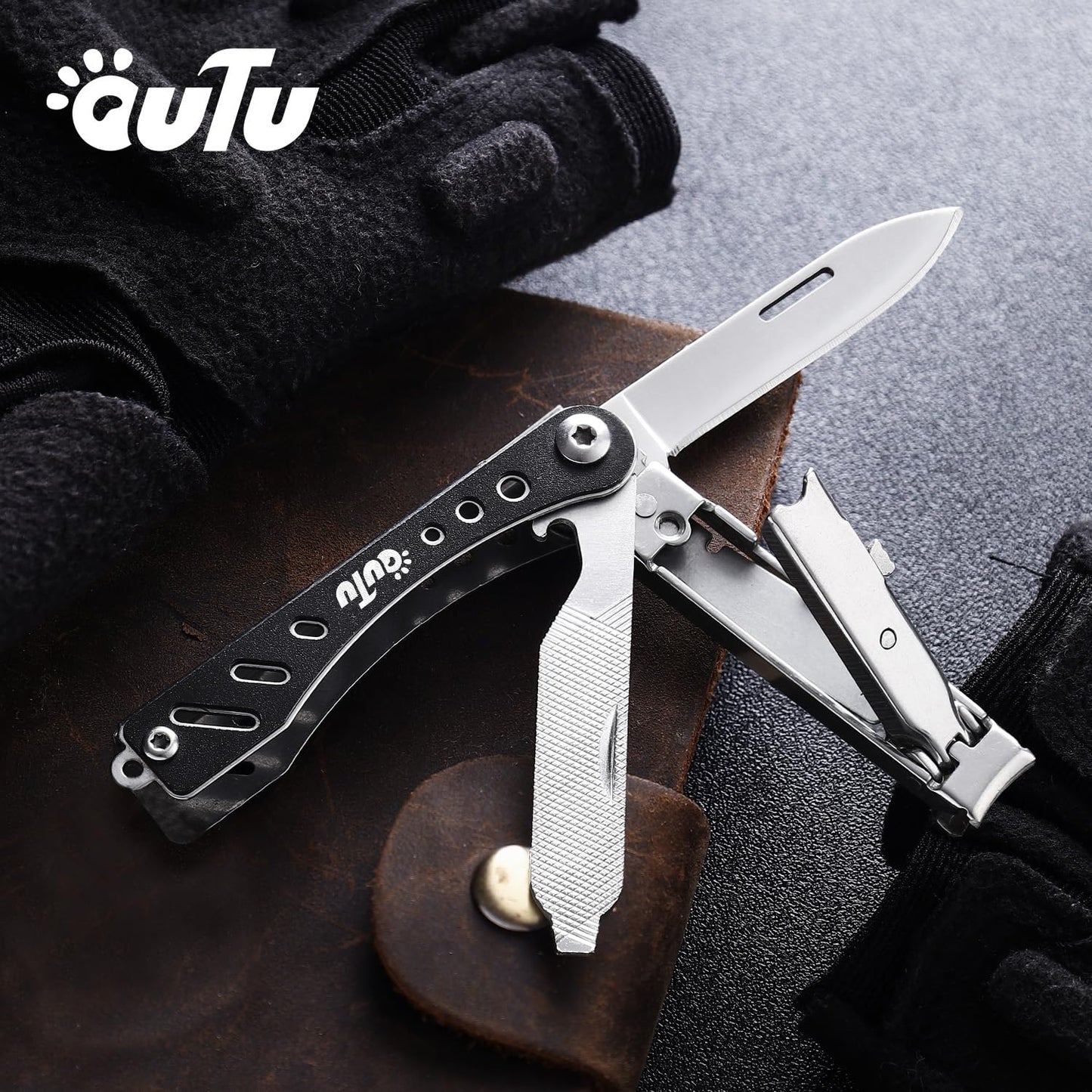 OUTU Nail Clippers Multitool,Nail File,Bottle Opener,Utility Tool with Gift Box(Black)