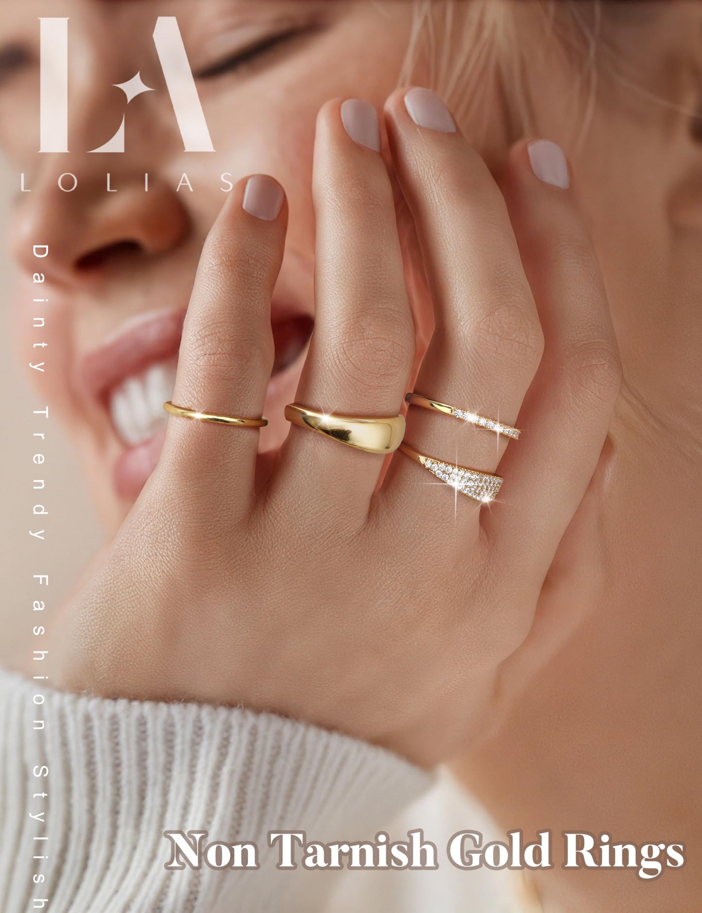 LOLIAS 14K Gold Plated Stackable Rings for Women Non Tarnish - Dainty Cubic Zirconia Wedding Bands Ring Set Minimalist Trendy Statement Engagement Promise Thumb Rings Stacking Size 5-10 Unique Size 10