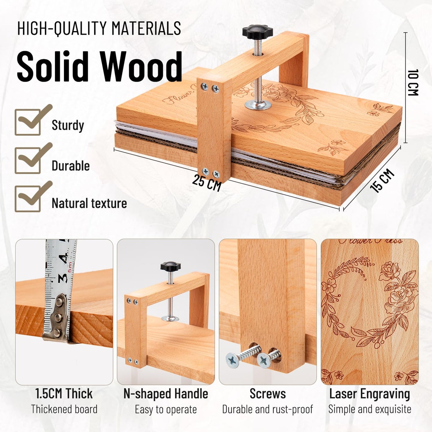 v2croft Flower Press Kit, Even Pressure 10" x 6" Wooden Flower Pressing Kit with 8 Layers for Dried Plant Preservation, DIY Arts, Gift for Craft Lovers
