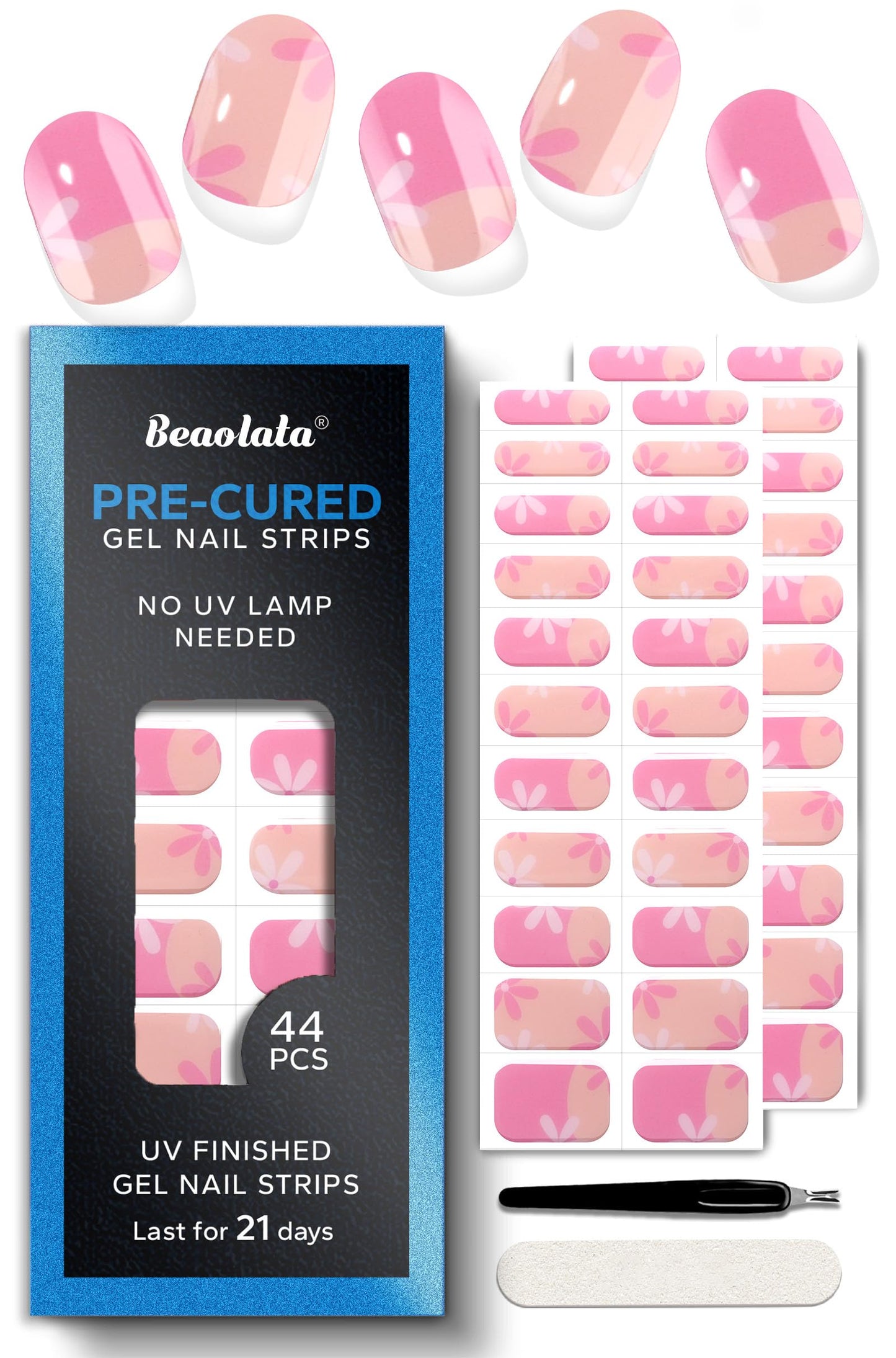 Beaolata Real Gel Nail Strips (No UV Light Needed) - 44Pcs Salon Quality Nail Stickers - Long Lasting Polish Wraps for Women, Easy Apply & Remove (Pink Pop Posies)