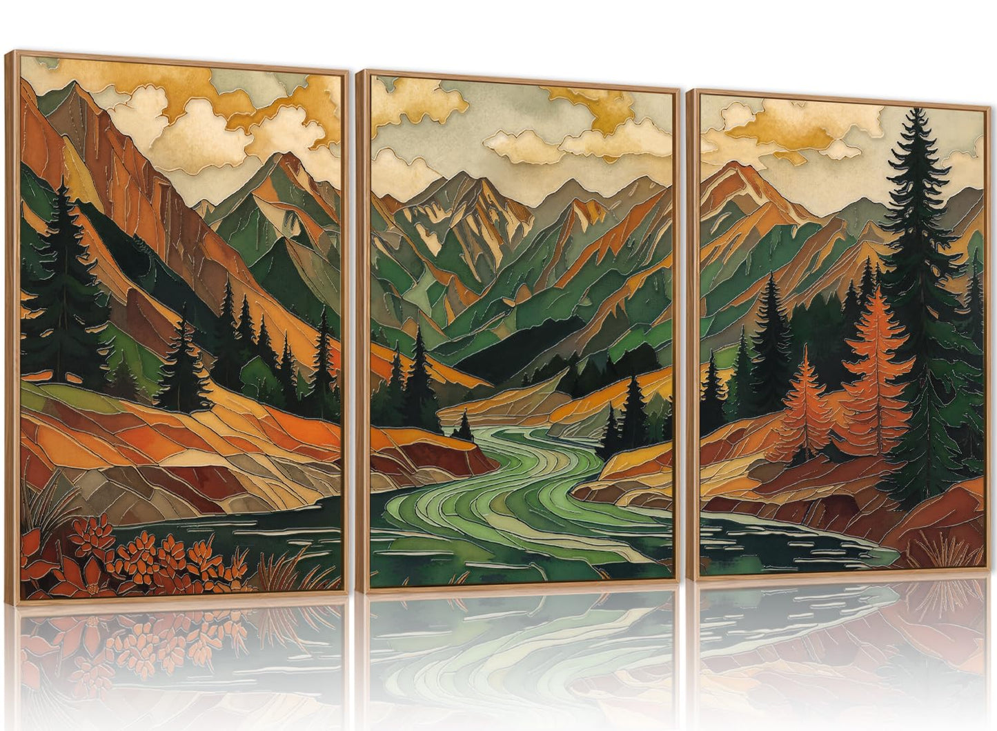 HPINUB Abstract Boho Mountain Framed Canvas Wall Art Set,Vibrant Forest Pine Tree Wall Decor,Textured Landscape Artwork Rustic Linear Scenery Art Print for Living Room,Bedroom,Office-24 x36 x3