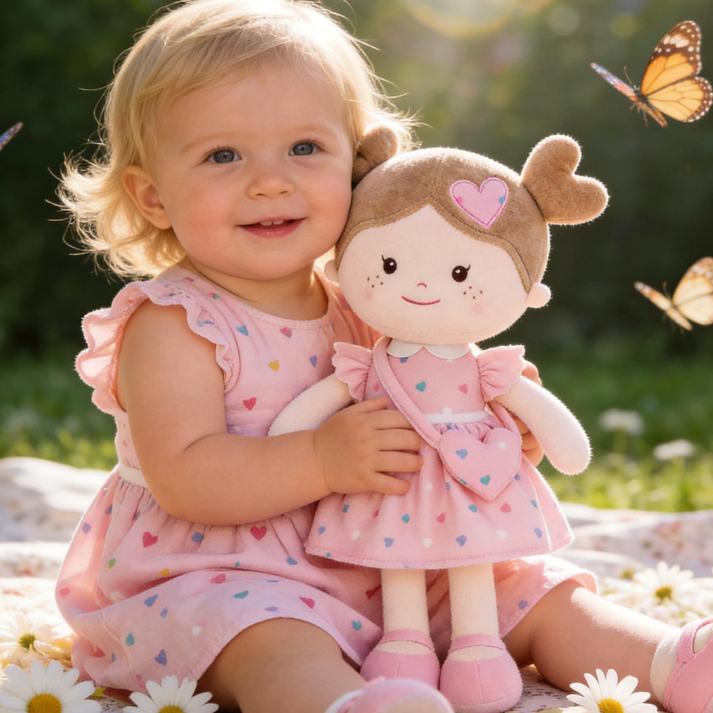 Onetoo First Baby Dolls Plush Rag Doll Soft Baby Toy Girls Sleeping Cuddle Buddy Doll Wear Pink Dress 14"