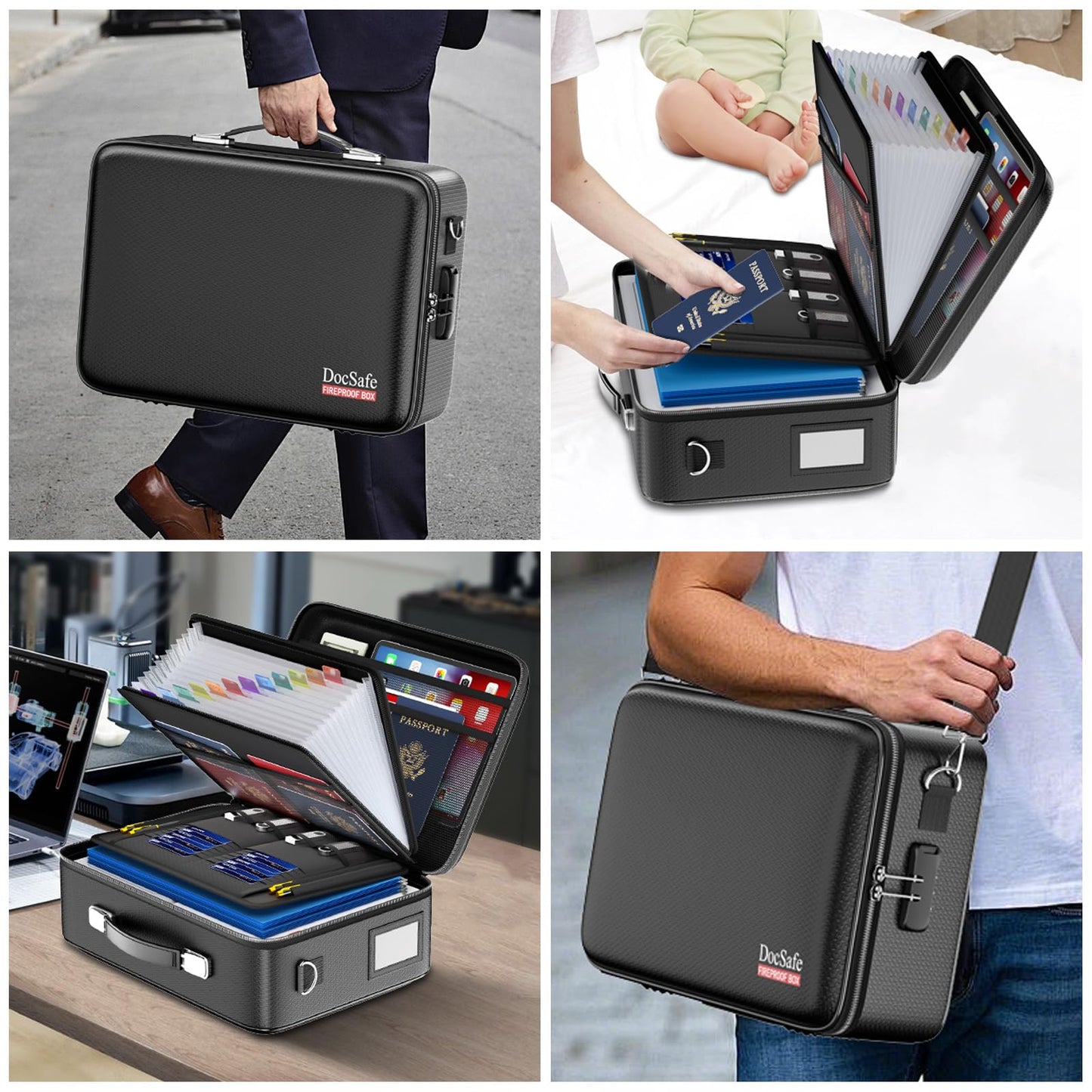 DocSafe Fireproof Document Box with Lock＆Shoulder Strap, Hard-Shell Case File Organizer with Accordion File Folder, Multi-Layer Portable Home Office Travel Safe Storage for Important Documents Laptop