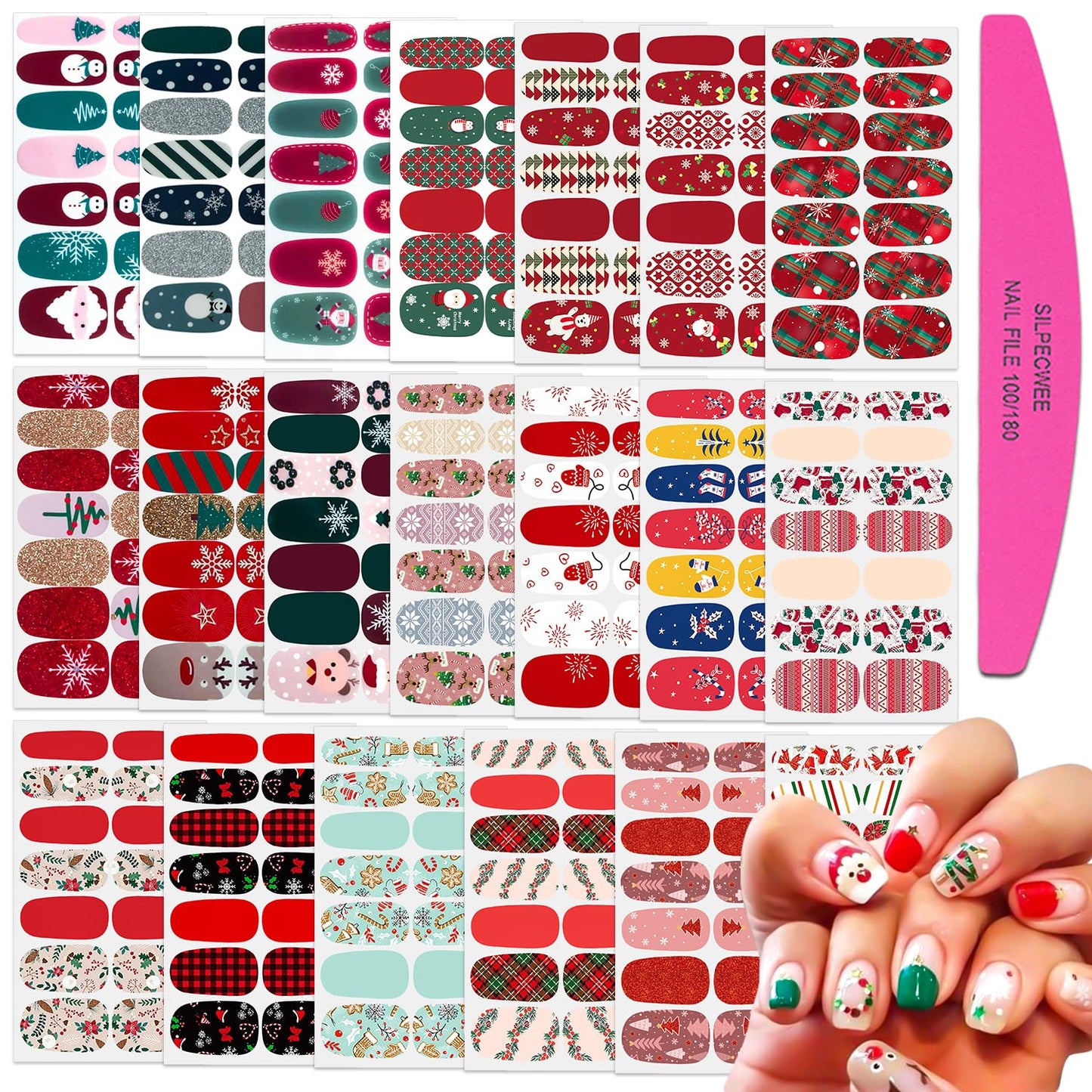 SILPECWEE 20 Sheets Christmas Nail Polish Strips Full Nail Wraps for Women Self Adhesive Nail Polish Stickers Holiday Manicure Stickers for Nail Art with Nail File (Chic Style)