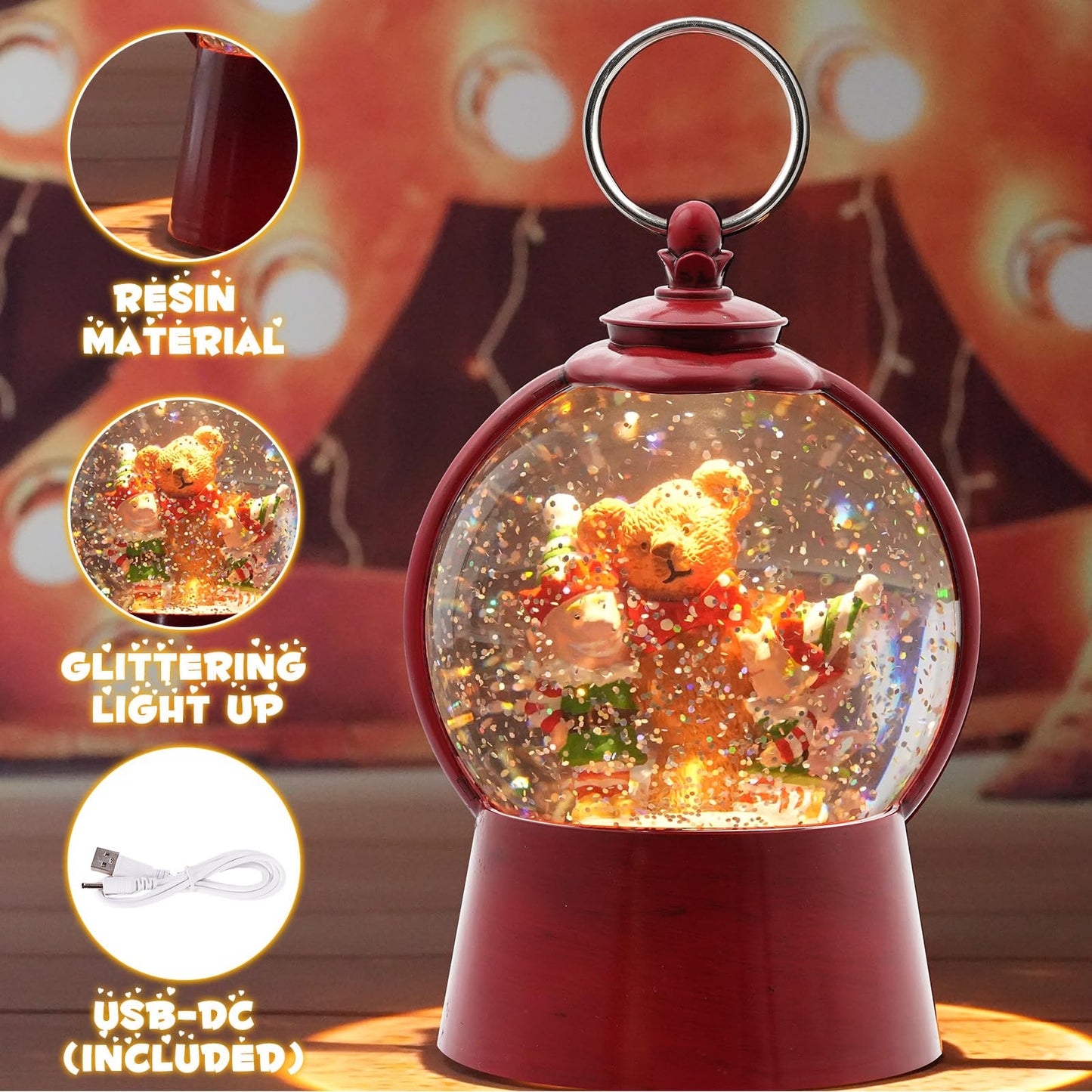 Christmas Snow Globe Lantern with Swirling Glitter Christmas Home Decoration Elf Bear Musical Snow Globe, 6 Hour Timer, USB Powered & Battery Operated Music Box for Holiday