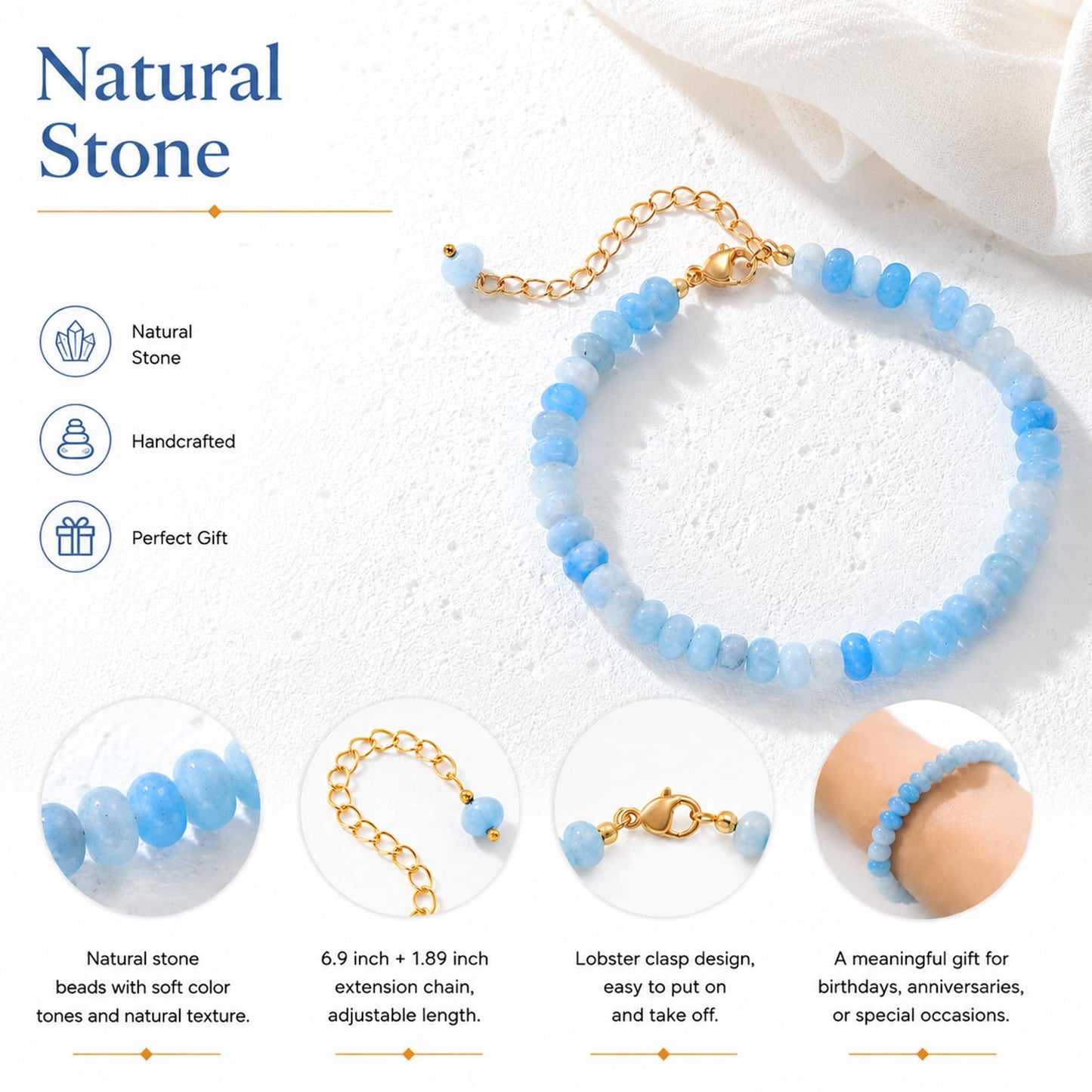 chorfla Light Blue Gemstone Beaded Bracelets for Women, Boho Handmade Adjustable Bracelet, Summer Beach Jewelry