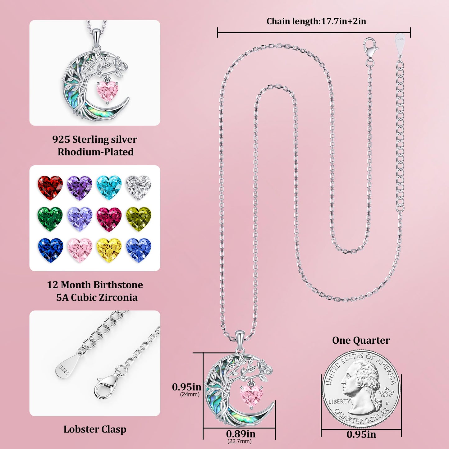 Distance Women's Tree of Life Abalone Shell Moon Heart Birthstone Necklace, S925 Sterling Silver, Pink October Birthstone, 45cm Chain