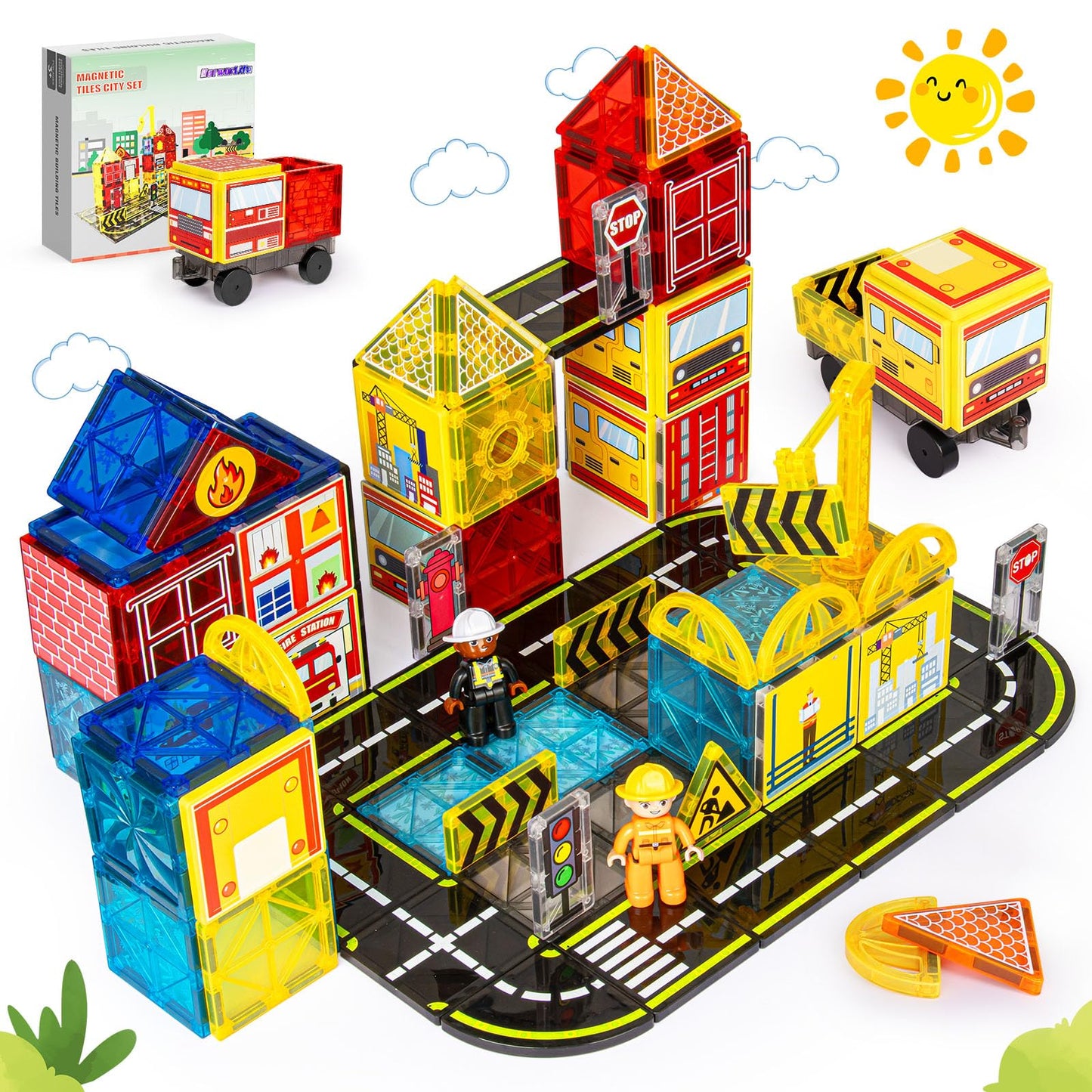 Magnetic Tiles Road Set with Fire Trucks & 2 Dolls, Double-Sided Magnet Tiles with 2 Cranes, Toys for Boys Ages 3-5 5-7, STEM Learning Construction Toys Include Car, Stations, Signs, Gifts for Kids 3+