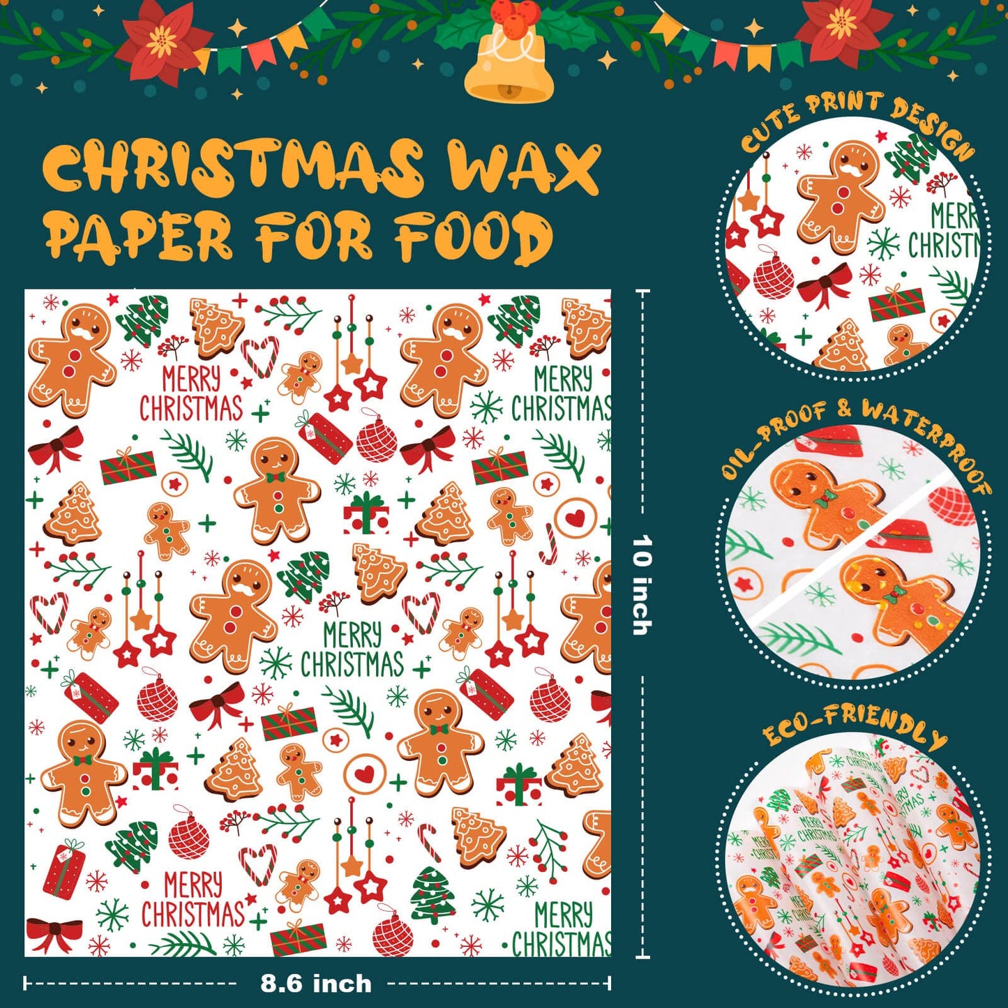 100 Pcs Christmas Wax Paper Sheets for Food, Deli Paper, Sandwich Wrap, Candy & Cookies Wraps
