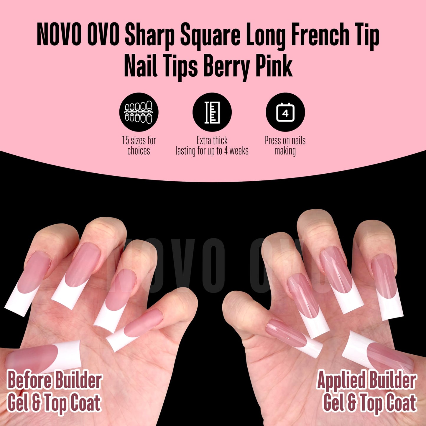 NOVO OVO Long Sharp Square White French Tip Nail Tips Press on BERRY PINK, Extra Thick NEED Builder Gel & Top Coat & Glue, Soft Gel full Cover False Fake Nail Extension for Salon DIY x 15 Sizes 180 pc