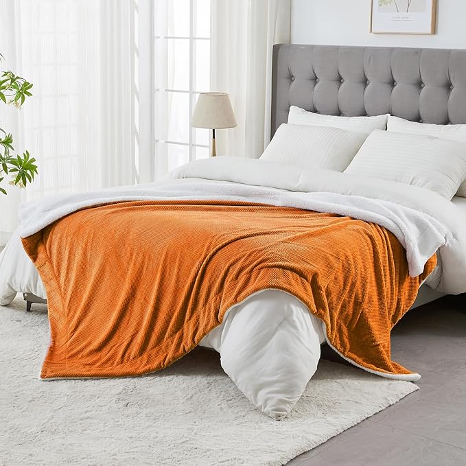 SOCHOW Waffle Sherpa Fleece Throw Blanket, Super Soft Fuzzy Warm, Lightweight Fluffy Reversible Plush Blanket for Bed Sofa Couch, 50 x 60 Inches Burnt Orange