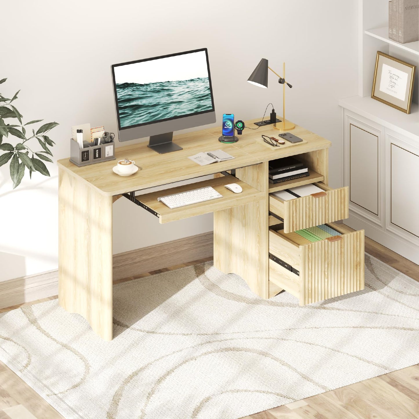 Bestier Computer Desk with Drawer, 55 inch Office Desk with Power Outlet, Modern Home Office Desk with Keyboard Tray (Natual Oak, 55" W with Single-Sided Drawers)