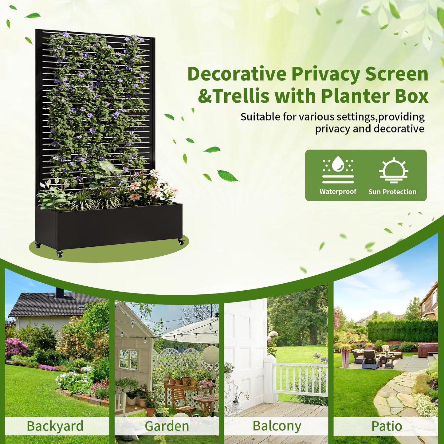 Metal Planter Box with Trellis and Wheels, 73"x47"x16" Galvanized Steel Raised Garden Bed with Drainage Holes, Outdoor Planter with Privacy Screen Function for Climbing Plants and Vines