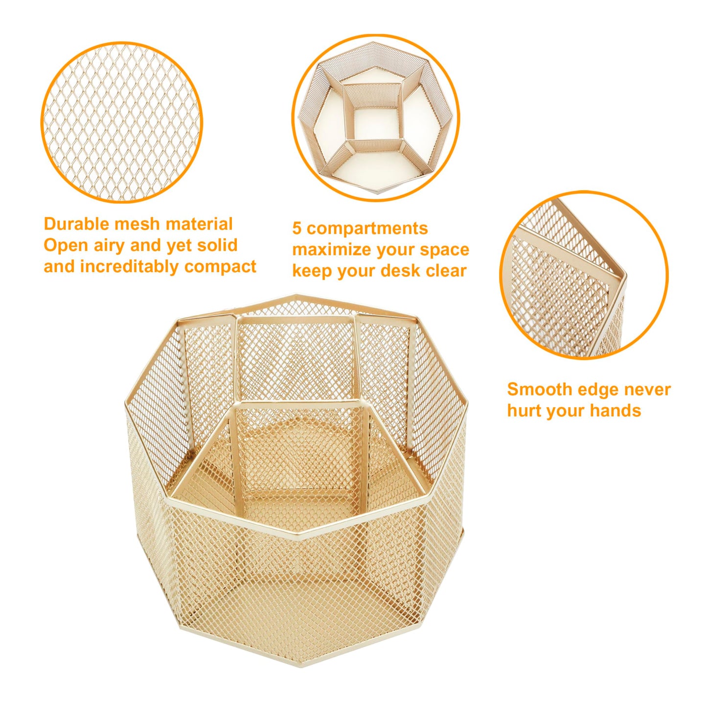 Annova Mesh Desk Organizer Rotate with 5 Compartments Spinning Tidy Candy/Pen Holder Office, Art Supply, Storage, Classroom, Home (Gold)