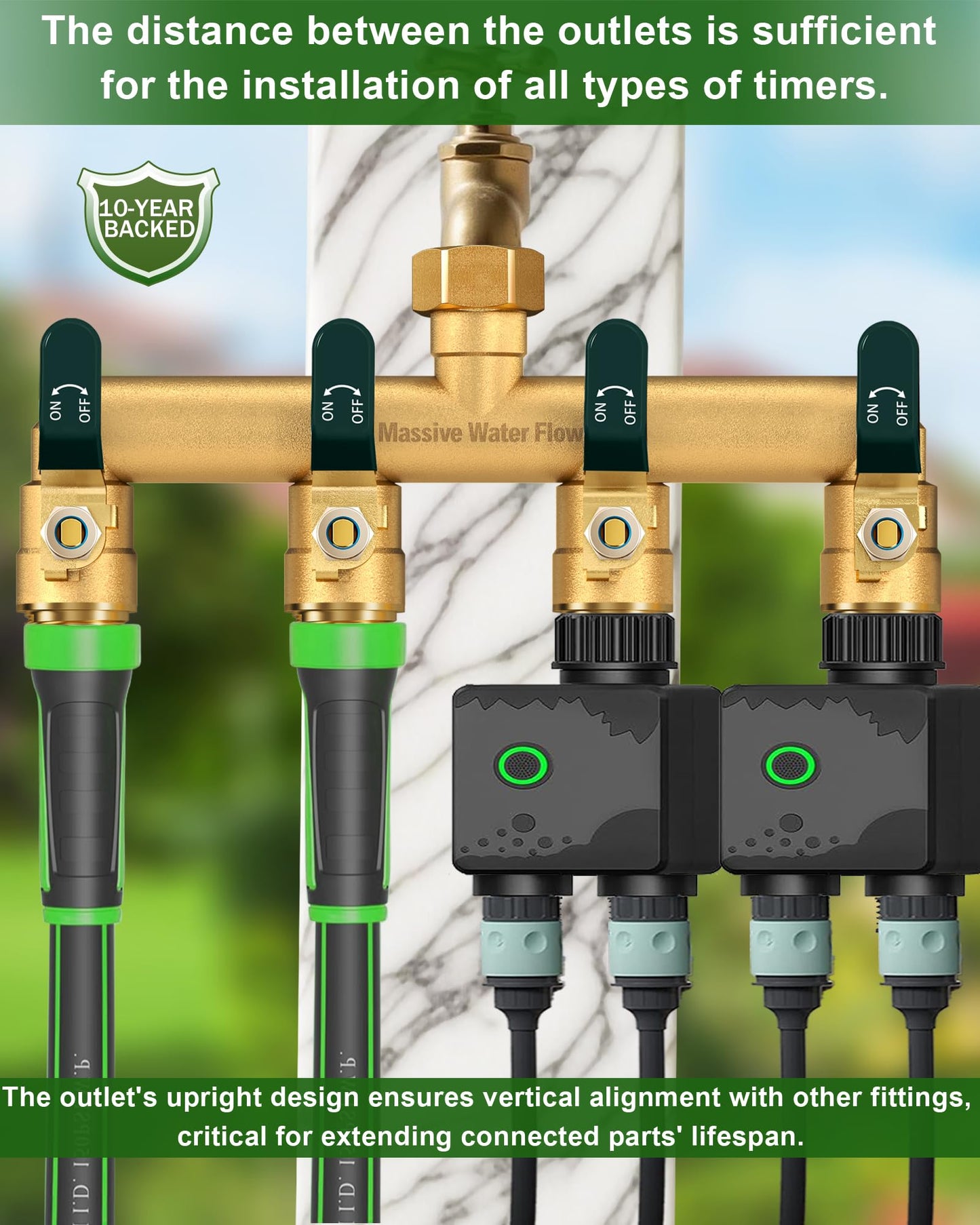 4 Way Hose Splitter, Heavy Duty Full Flow Garden Hose Splitter with 4 Large Metal Handles, Brass Water Hose Bib Splitter, T Adapter Connector with 3/4 - Inch GHT Thread (Green)