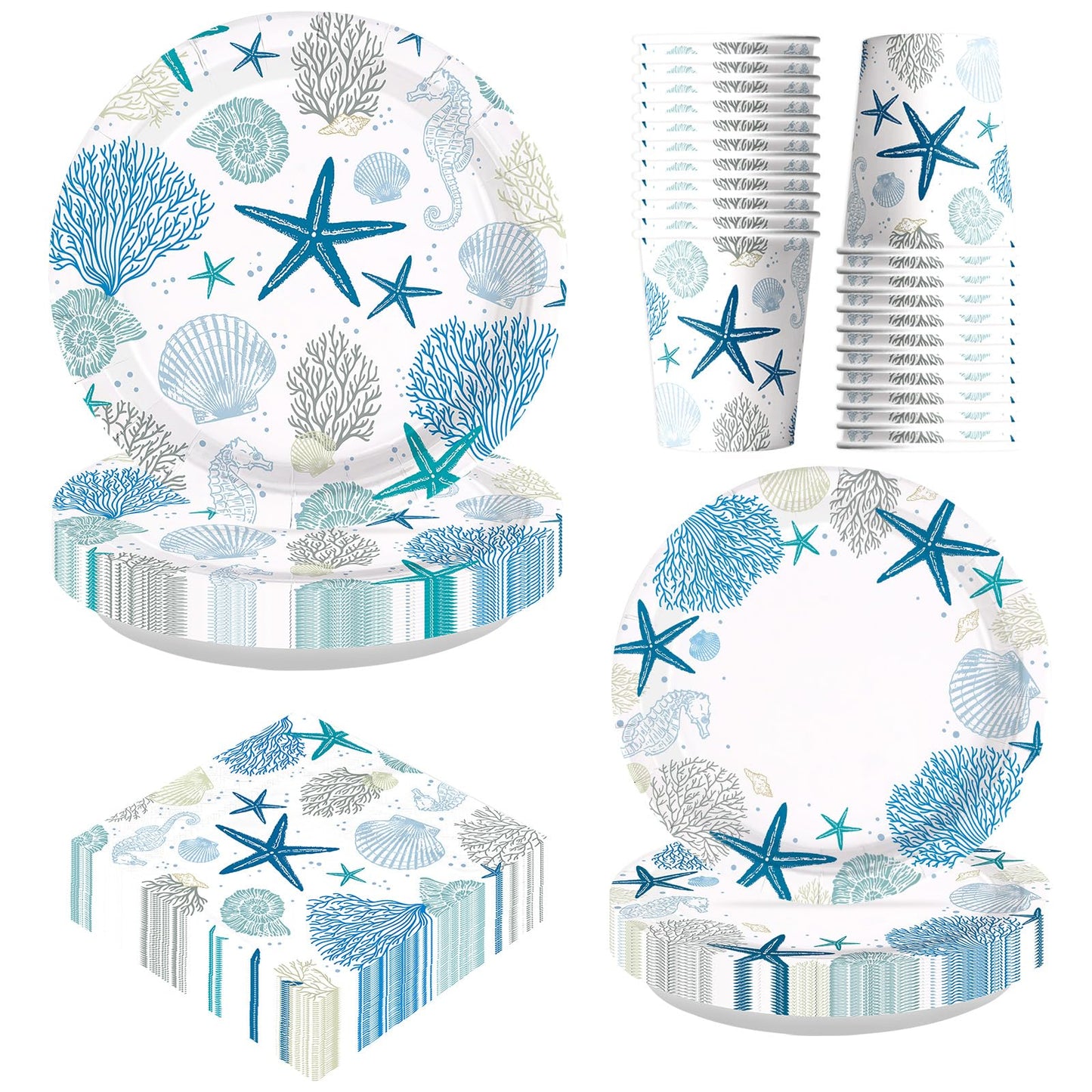 Greencian 250Pcs Ocean Coastal Party Decorations Blue Seashell Starfish Coral Plates Napkins Cups Beach Ocean Sea Tableware Set for Summer Beach Holiday Birthday Dinner Party Supplies Serves 50