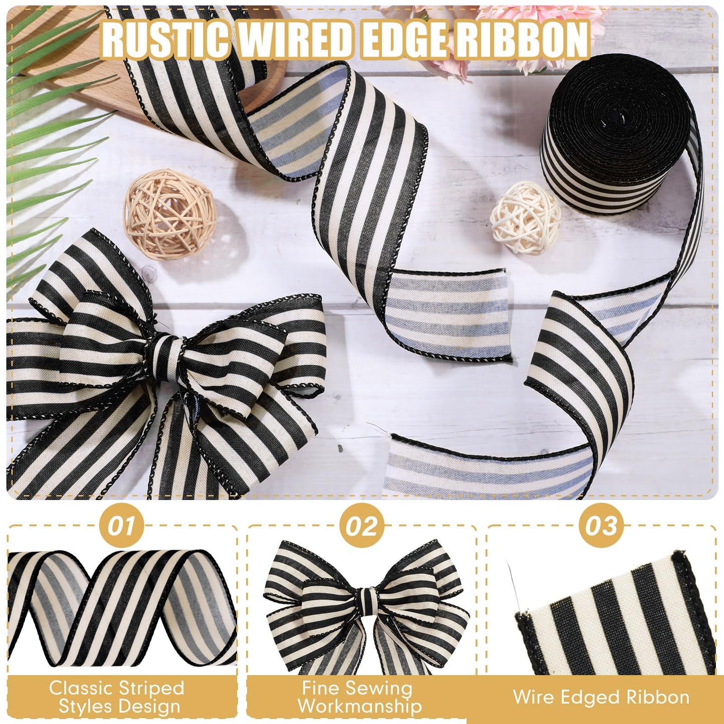 Moukeren 2 Rolls Black and Cream White Stripe Wired Edge Ribbon Halloween Rustic Ivory Boho Black and White Ribbon for Christmas Party Gift Wrapping Bow DIY Craft Home Decor(2.5 Inch, 20 Yard)