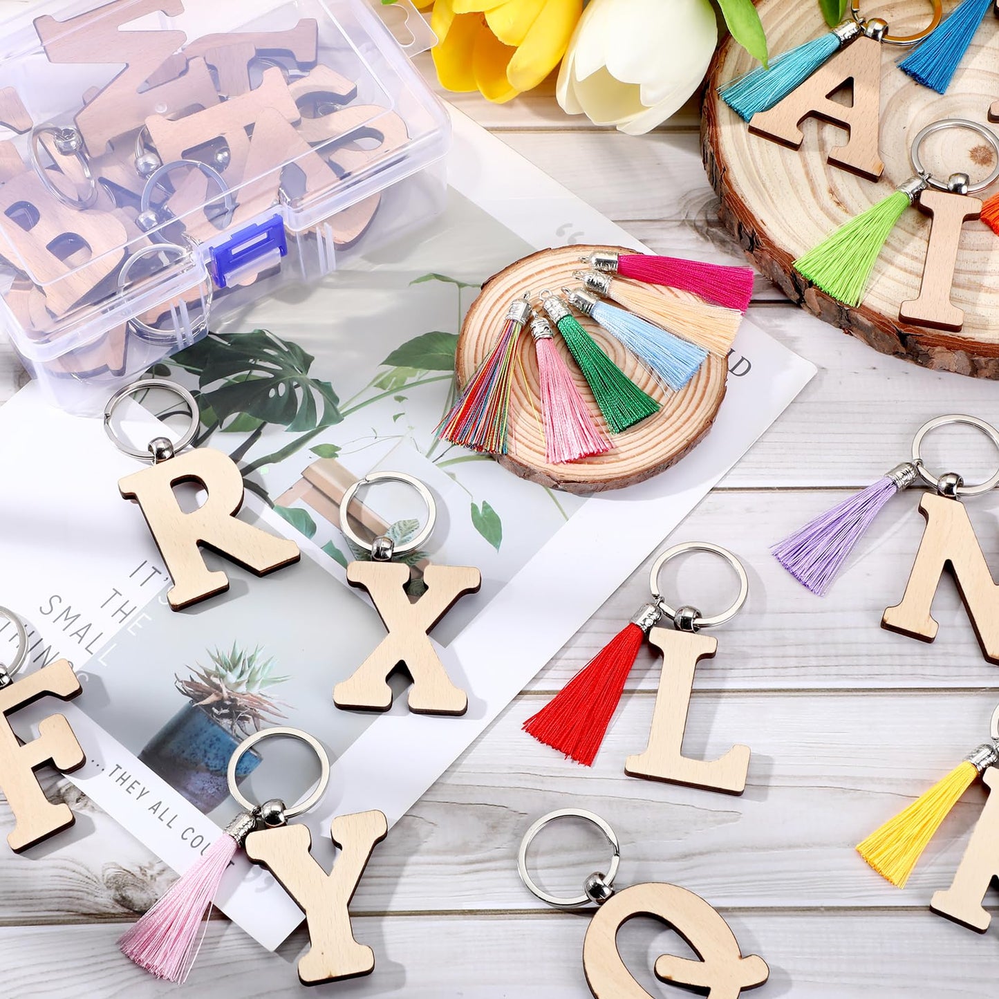 Tondiamo 52 Pcs Personalized Letter Keychain Wood Engraving Blanks Keyring Name Keychain with Tassel Container for DIY Craft