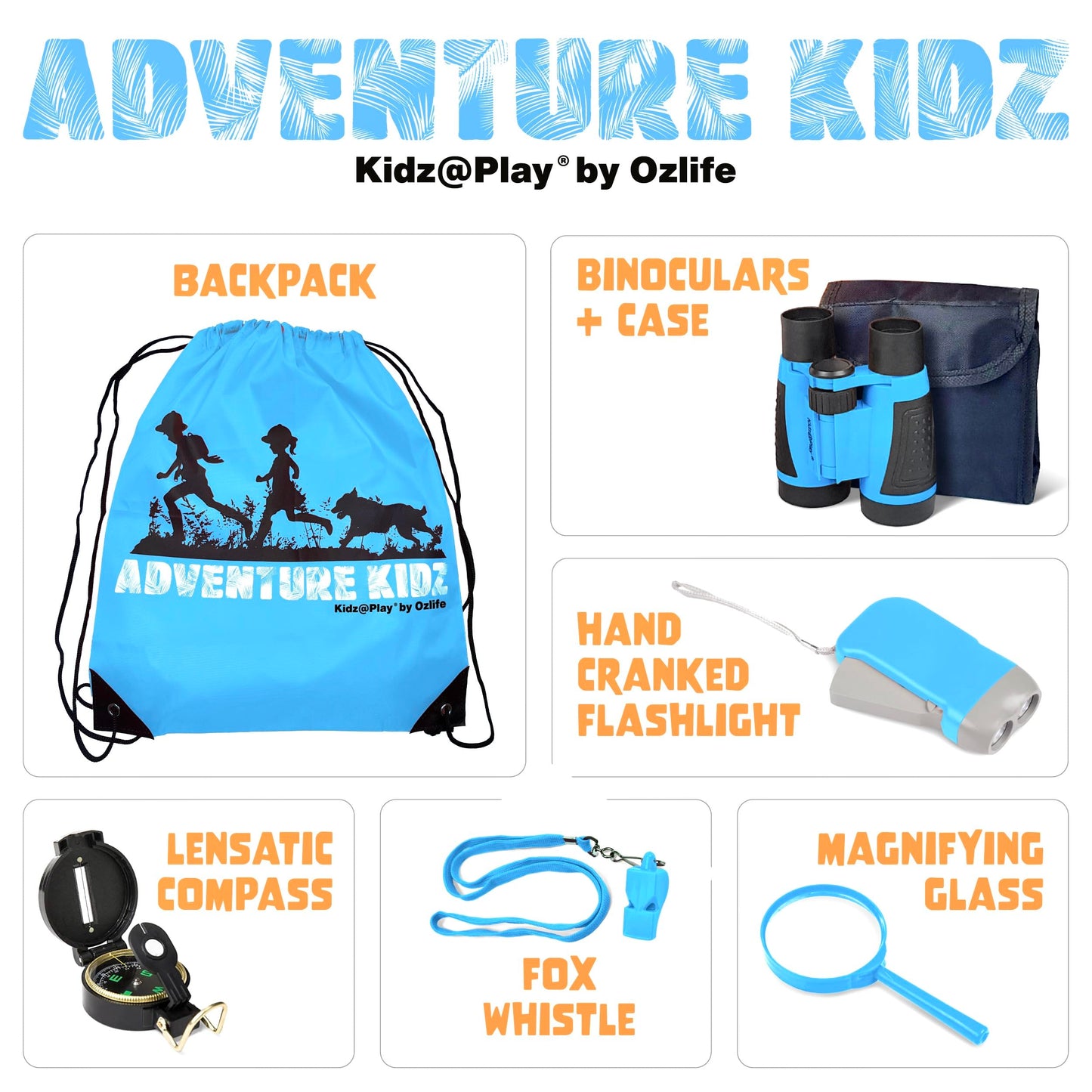 Adventure Kidz - Outdoor Exploration Kit, Children’s Toy Binoculars, Torch, Compass, Whistle, Magnifying Glass, Backpack. Great Kids Gift Set for Camping, Hiking, Educational and Pretend Play.