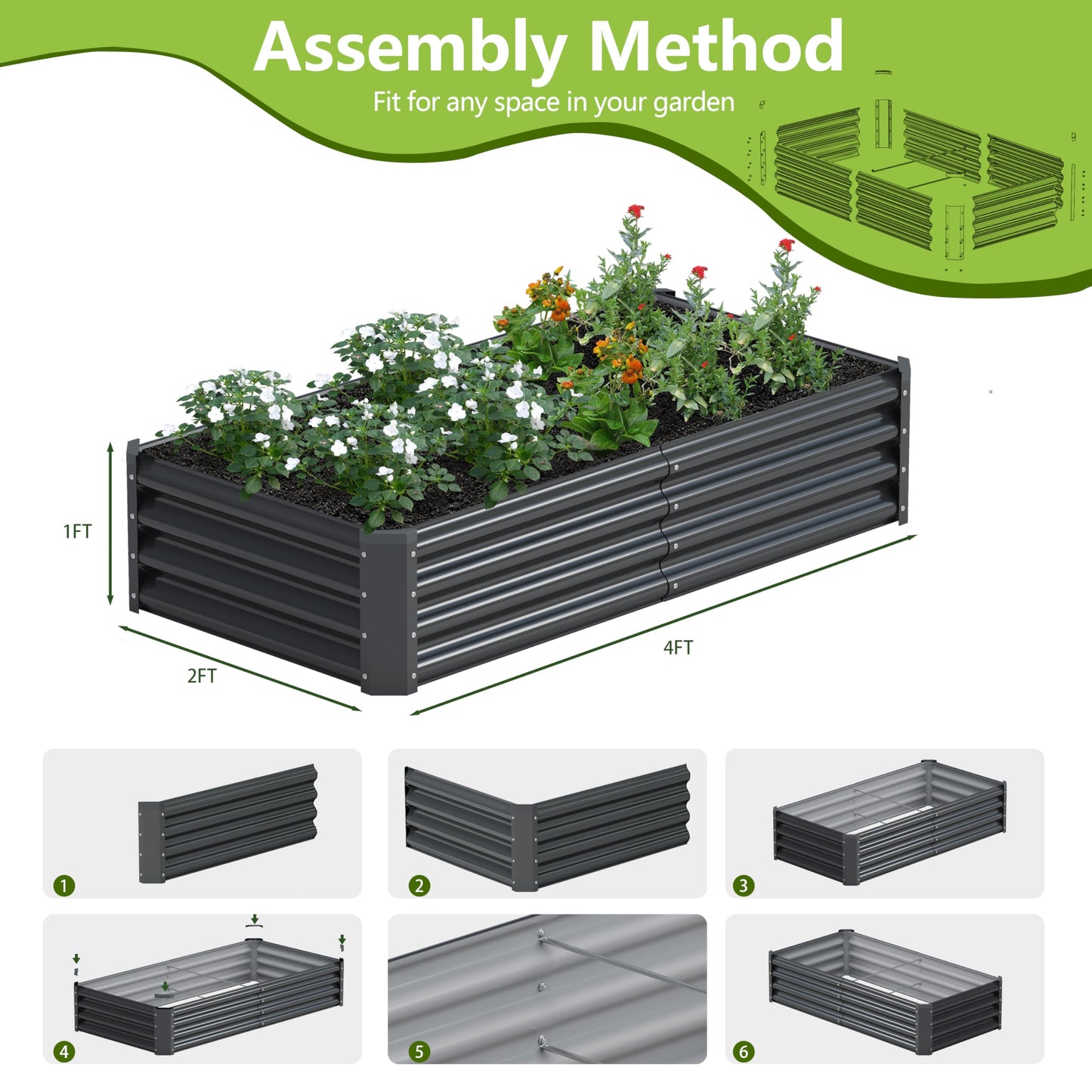 Ayen Guard 2PCS 4x2x1FT Galvanized Raised Garden Bed, Galvanized Planter Raised Garden Boxes Outdoor, Large Metal Raised Garden Beds for Vegetables-Grey