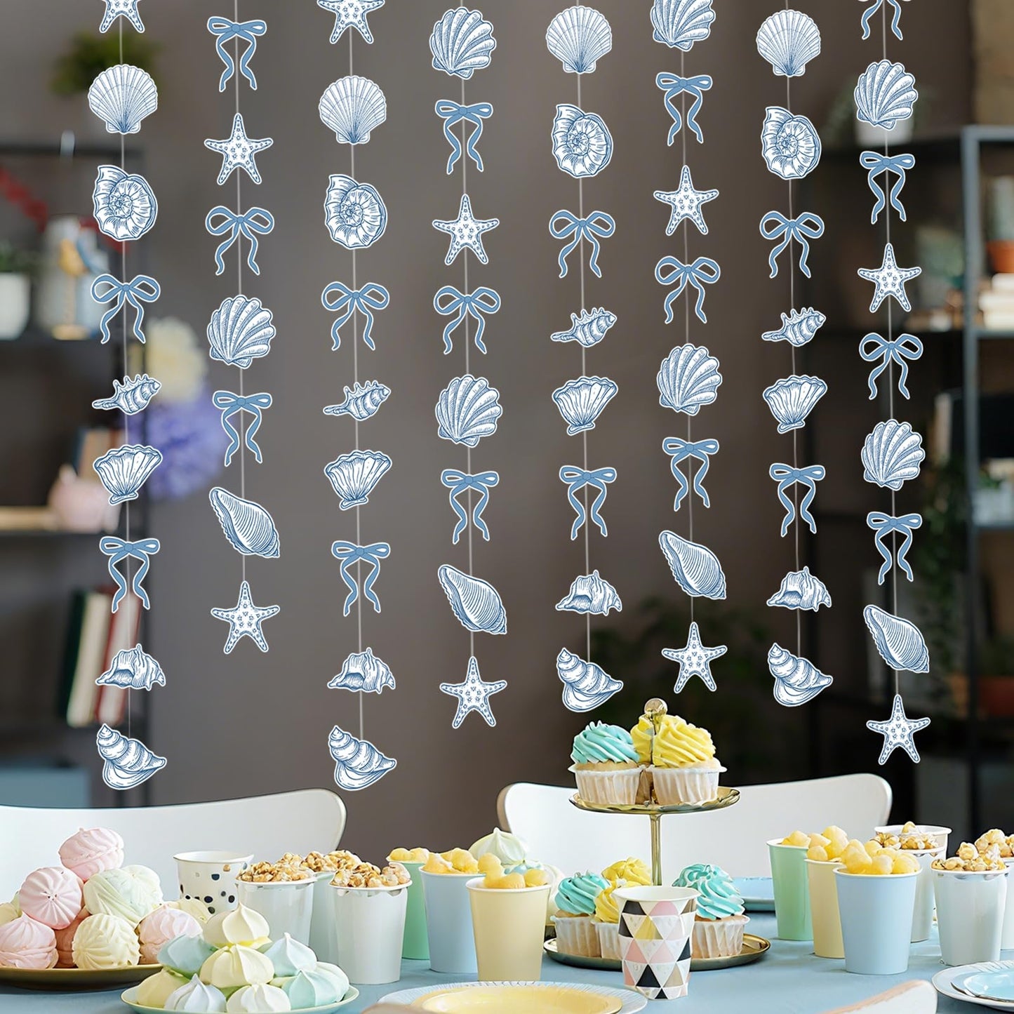 TaoBary 8 Pack Blue Bow Starfish and Seashell Garland 6.56 ft Ocean Coastal Nautical Paper Hanging Decorations Pre Strung Banner for Under the Sea Beach Wedding Mermaid Birthday Party Decorations
