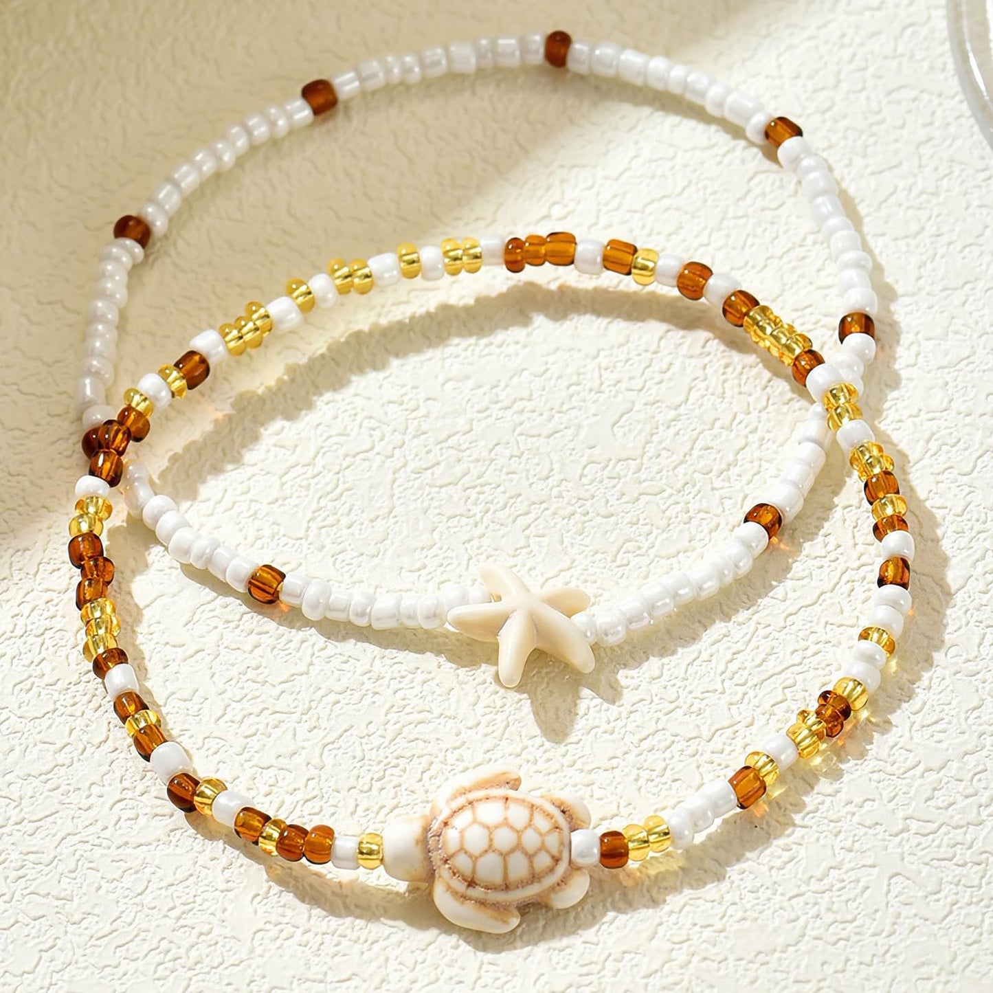 Qceasiy Shell Ankle Bracelet Set for Women, Boho Plated Bead Adjustable Anklet, Hawaiian Beach Seashell Pearl Heart Starfish Conch Foot Jewelry Gifts (Turtle 2Pcs)