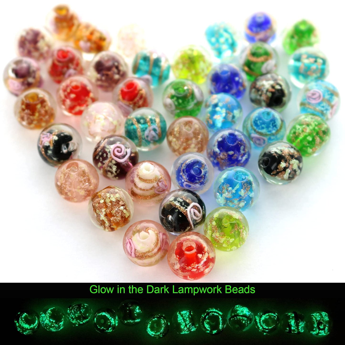 Artsy Crafts 40 Pcs Assorted Glow in The Dark Firefly Beads 12mm European Lampwork Luminous Glass Beads for Jewelry Making Charm Bracelet Necklace Earrings Crafts (Mixed 40pcs)