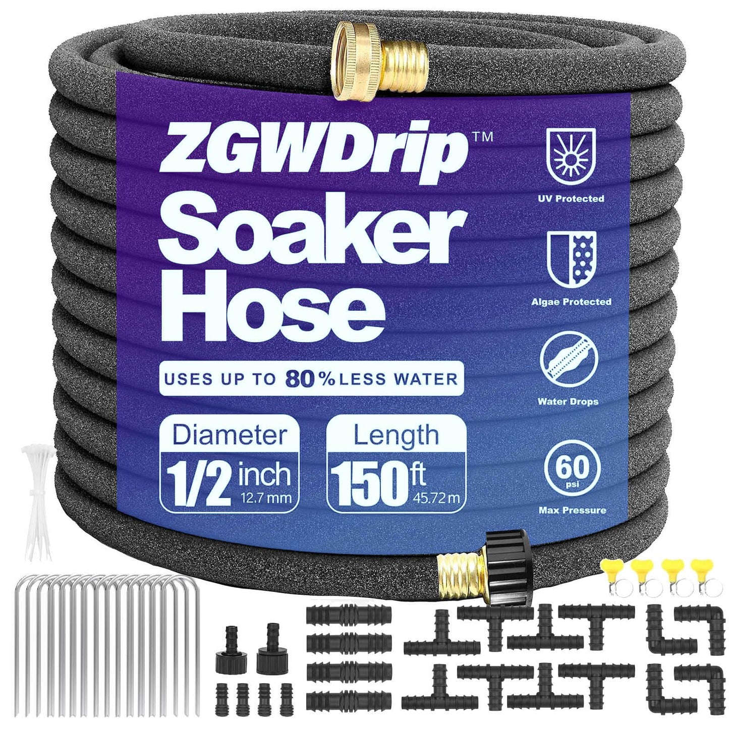 ZGWDrip 150FT 1/2" Water-Saving Soaker Hose with Solid Brass Connectors, Drip Irrigation Kit for Lawn & Landscaping with Metal Ground Stake & Accessory Kit