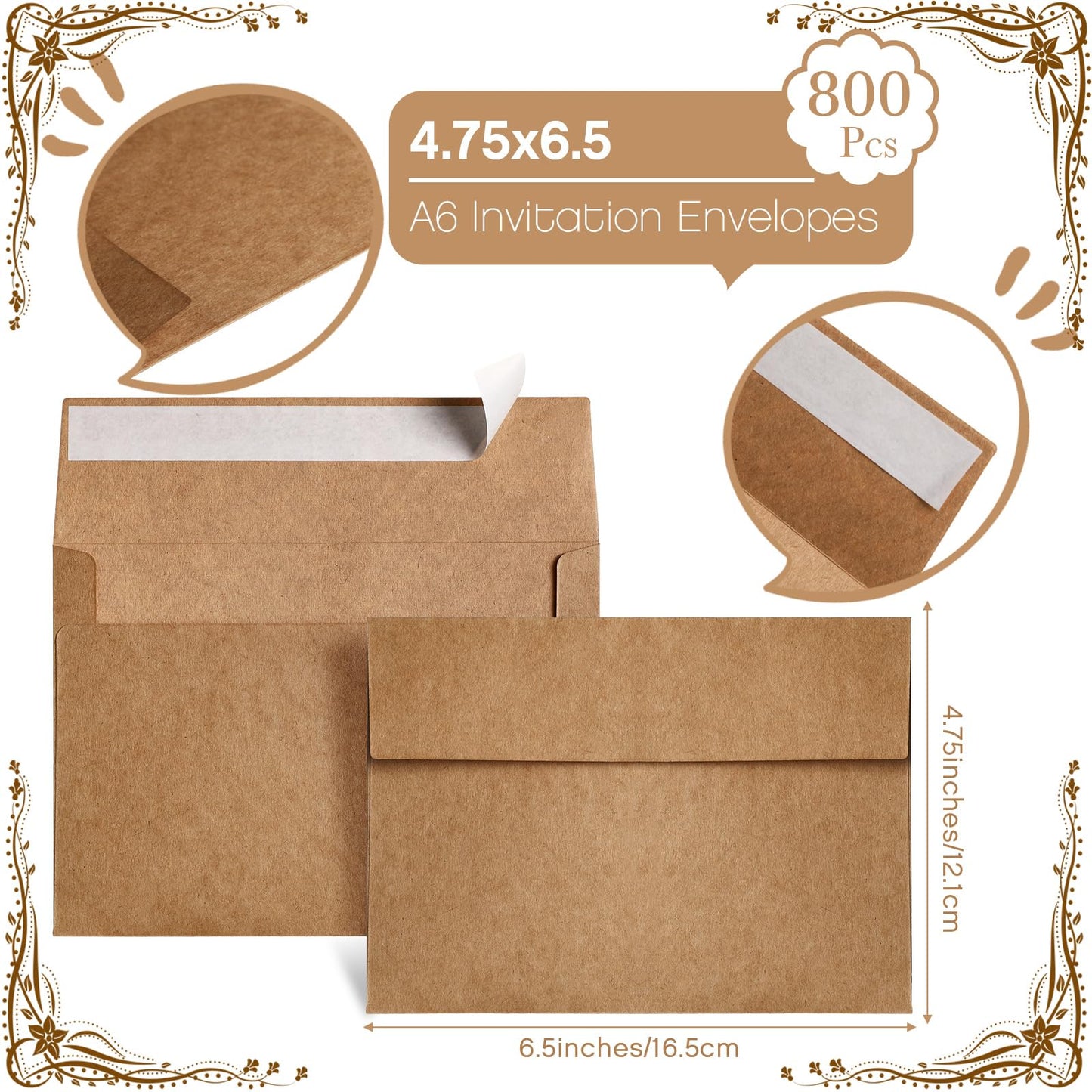 Fainne 800 Pack Brown Envelopes Bulk, Kraft Envelopes for Invitation, 120 GSM Gift Card for Office, Gift, Party, Baby Shower, Wedding (A6,4.75 x 6.5")