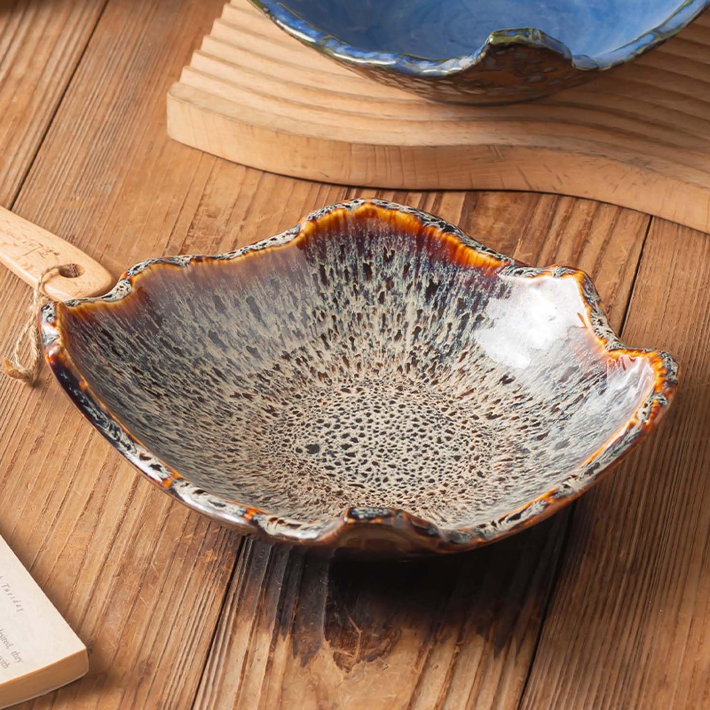 Amitofo 8" Small Ceramic Decorative Bowl 1 Pice – Irregular Rim Reactive Glaze Candy Plate, Berry Bowl, Entryway Catchall, Japanese Style Fruit Dish for Tabletop or Home Decor (Reactive Glaze)