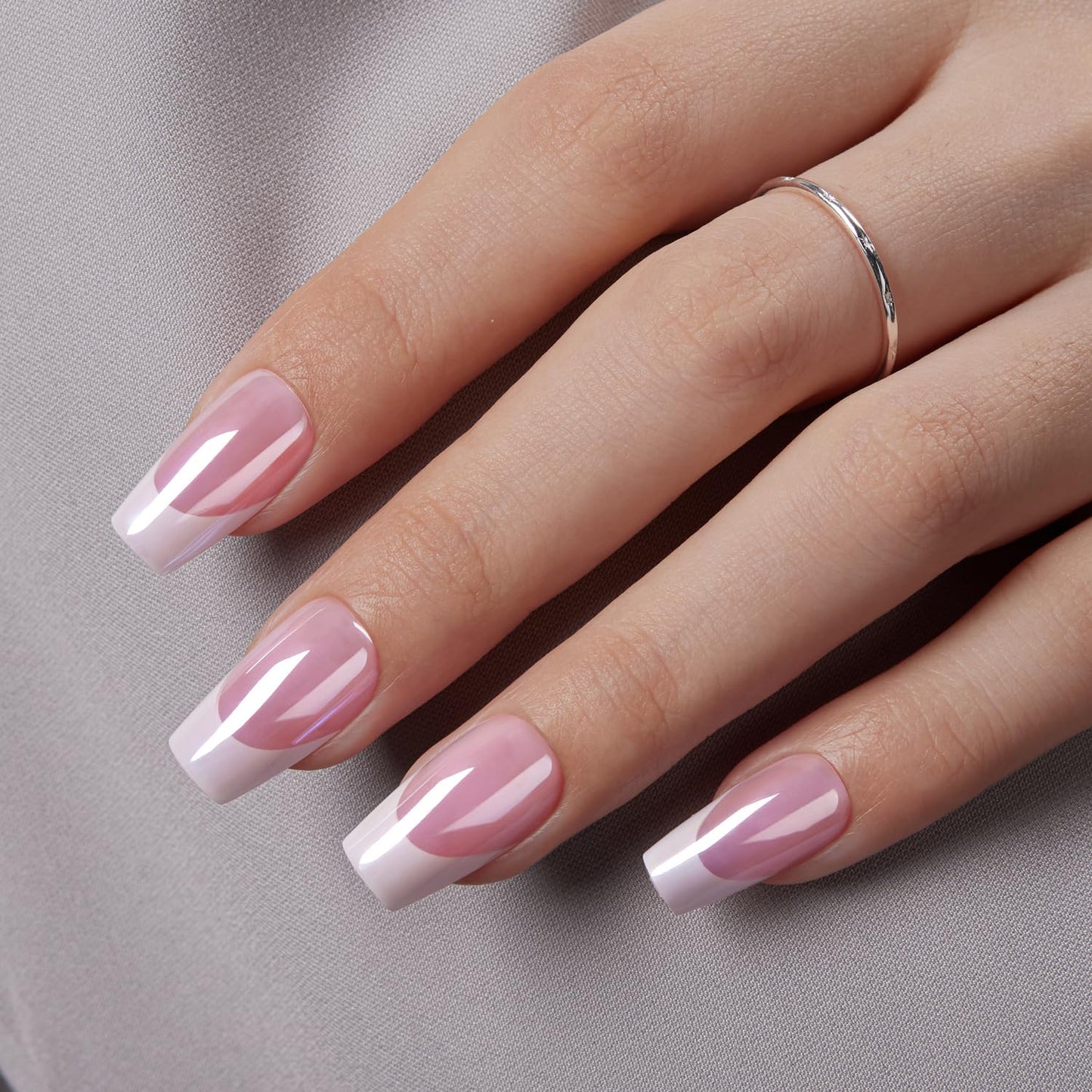 VSALON Press on Nails Short Coffin - Pink French Tips Glazed Chrome Fake Nails Kit, Long-Lasting & Reusable Opaque Soft Gel Spring Nails with Glue & Cuticle Oil