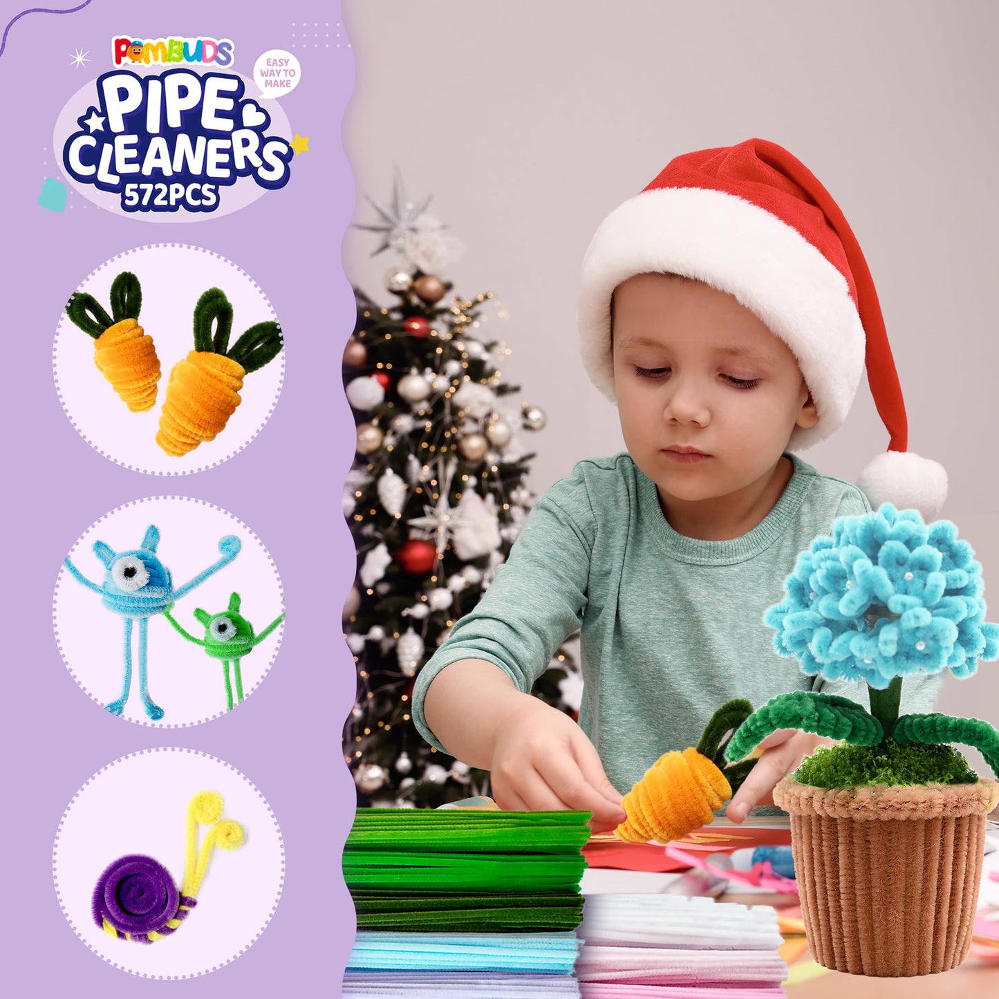 POMBUDS 572 PCS Pipe Cleaners Flower Kit, 13 Colors Chenille Stems with Floral Wires, Stamen, Tapes, Dot Glue, Instruction & White Box – DIY Craft Set for Handmade Bouquets
