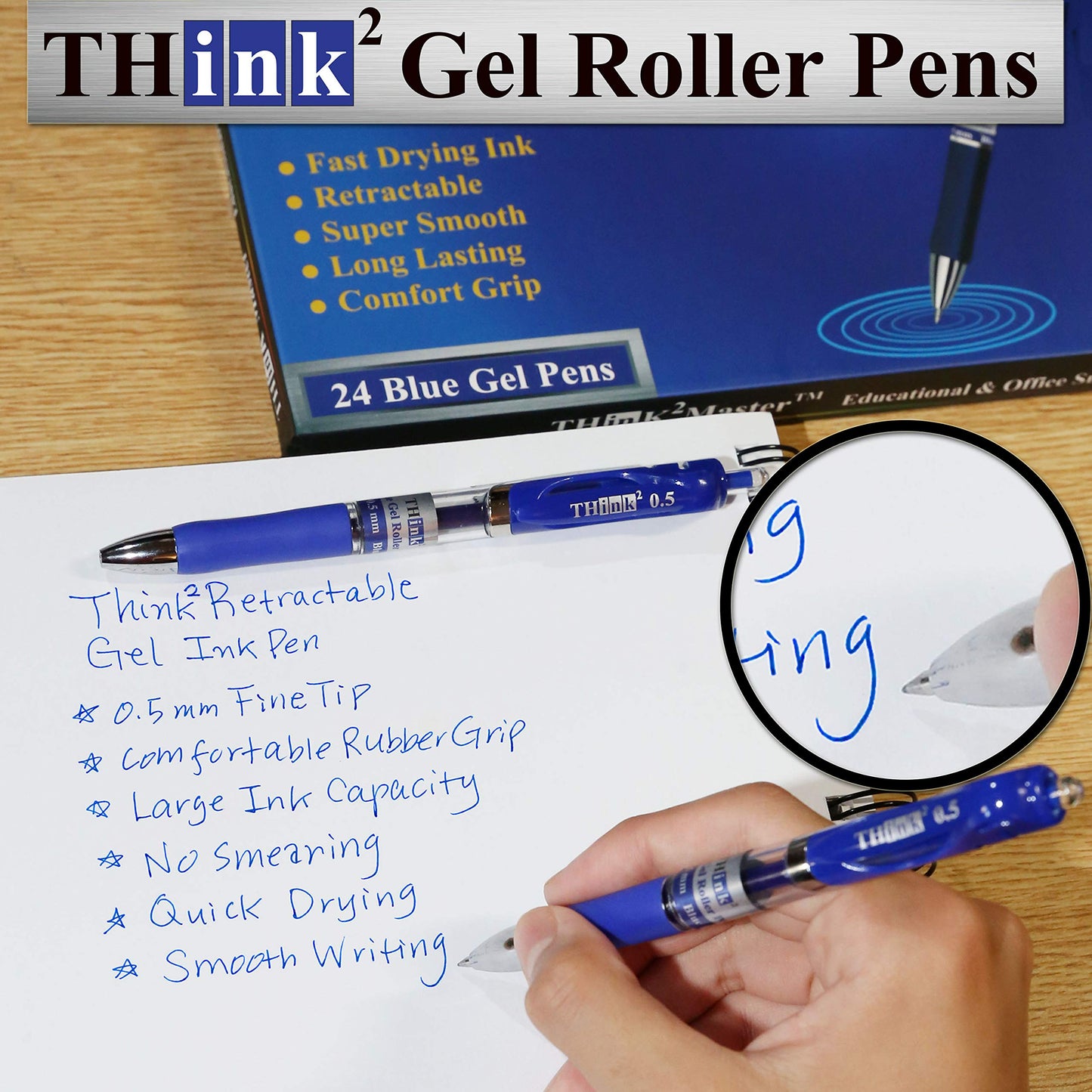 [24 Pens - Blue Ink] Think2 Retractable Gel Pens. (24 Blue) Fine Point (0.5mm) Rollerball Pens with Comfort Grip.