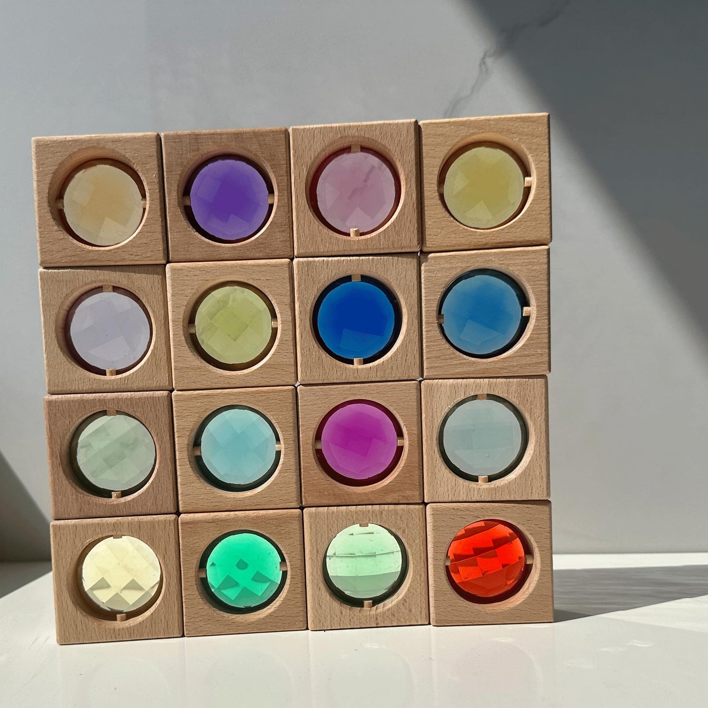 KOAICS 16PCS Acrylic Wooden Gem Blocks, Sparkling Acrylic Colorful StackingToys, Open Ended Play Montessori Educational Toys (16PCS Square Gem Blocks)