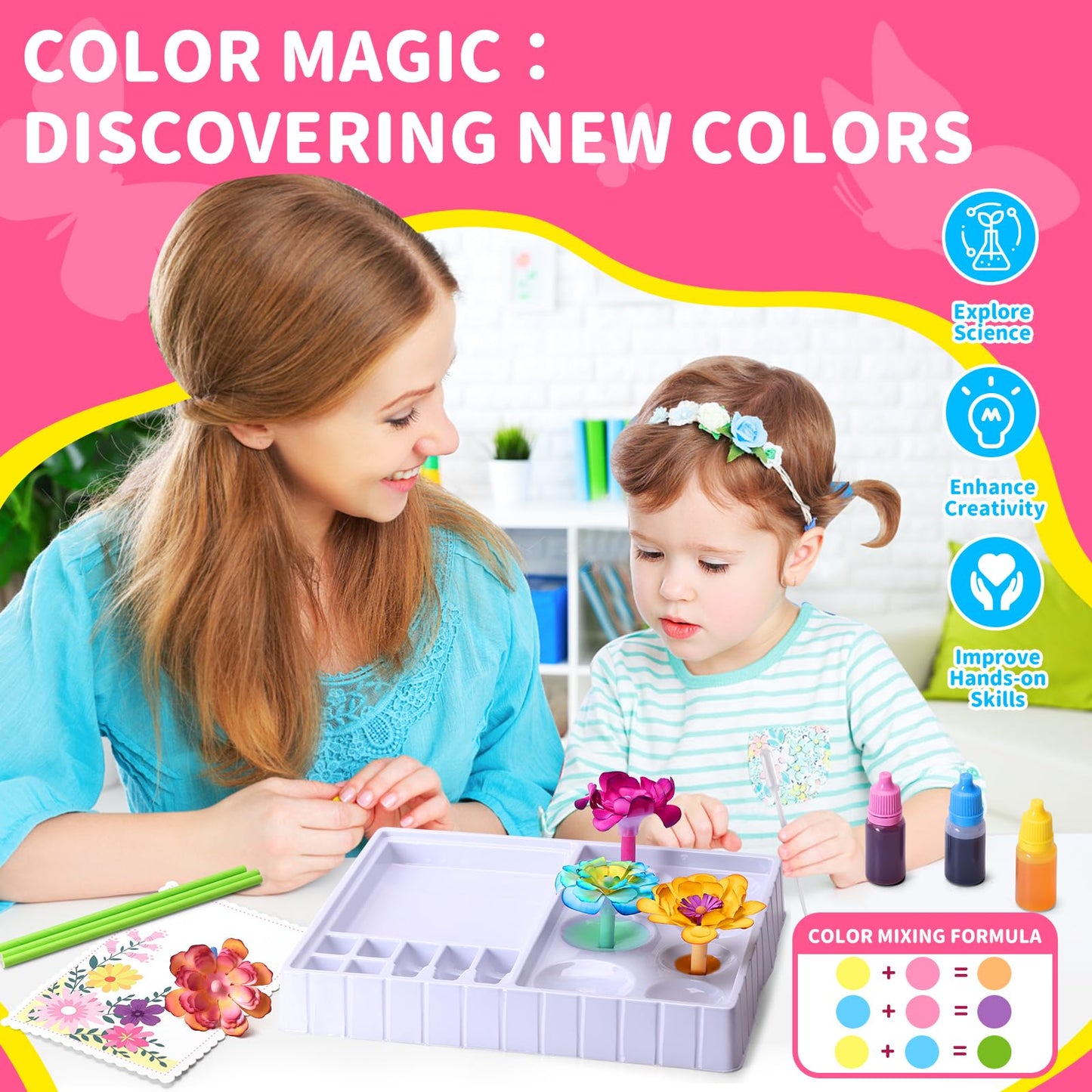 whatstem Creative Color-Changing Paper Flower Kit for Kids – DIY Flower Marking Kit Toys, Art & Science Craft Gift for Ages 6 7 8 9 10 11 12