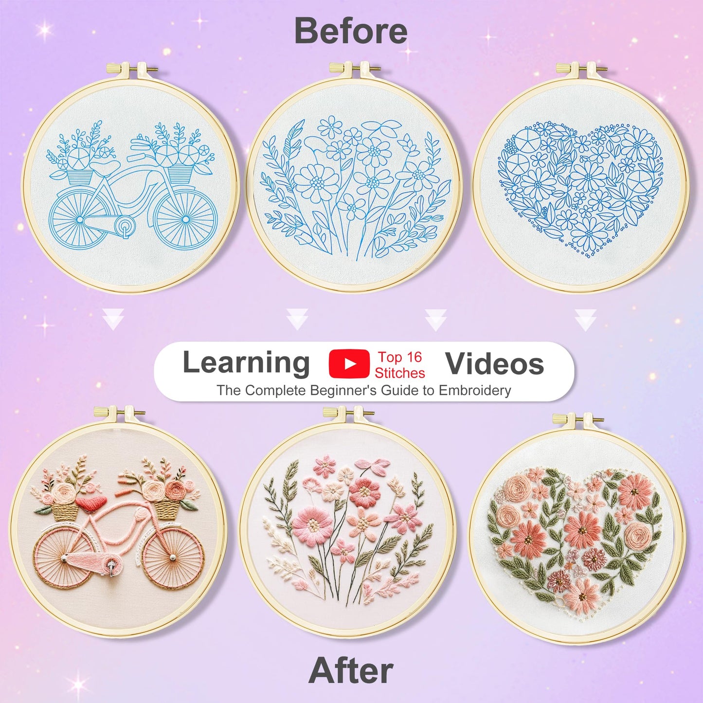 Huacan Embroidery Kit for Adults Beginner - Embroidery Kits for Adults Beginner 3 Pcs Stamped Heart Pattern, Hand Stitching Kit Art Craft, DIY Sewing Kit with Box 7.9 x 7.9 Inch