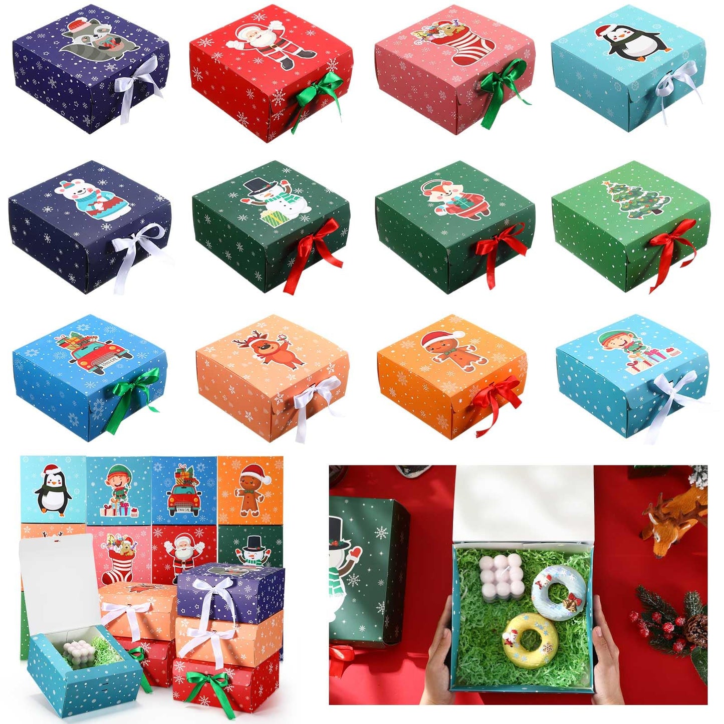 Eersida 24 Pack Christmas Gift Boxes with Lids Bulk 8 x 8 x 4 inches Gift Boxes for Christmas Presents with Bow Xmas Decorative Large Presents Boxes Empty Gift Boxes for Xmas Holiday, 12 Design