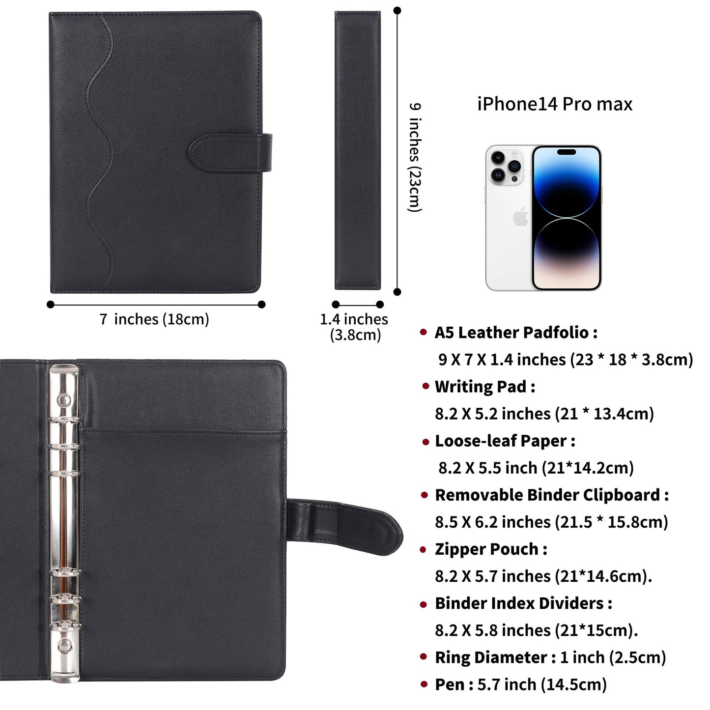 WASON A5 Binder PU Leather Journal Ring Portfolio Lined Notebook Refillable Paper Diary with Removable Clipboard Writing Notepad for Travel Business School Agenda Organizer (Black)
