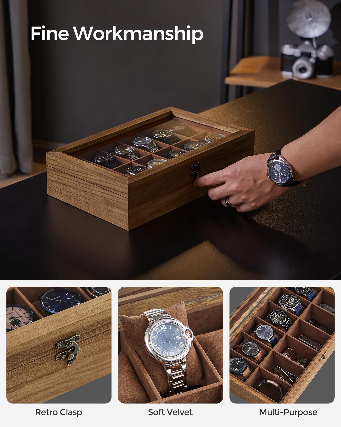 SONGMICS 12-Slot Watch Box, Watch Display Case with Large Glass Lid, Removable Watch Pillows, Velvet Lining, Gift Idea, Rustic Walnut UJOW120K01