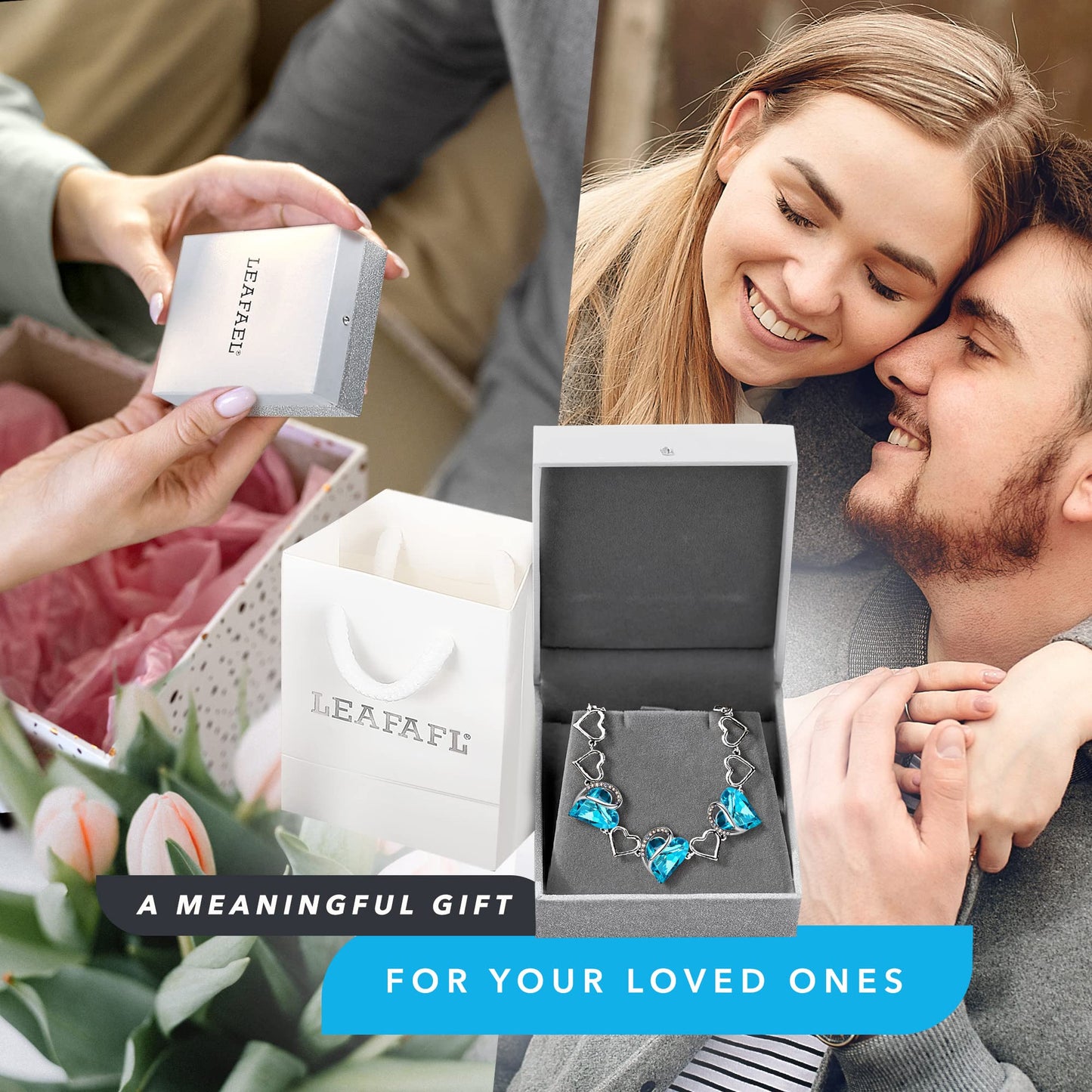 Leafael Infinity Love Heart Gift Bracelet for Women, December Birthstone Crystal, Turquoise Aquamarine Blue, Silver Tone, 7-inch Chain and 2-inch Extender