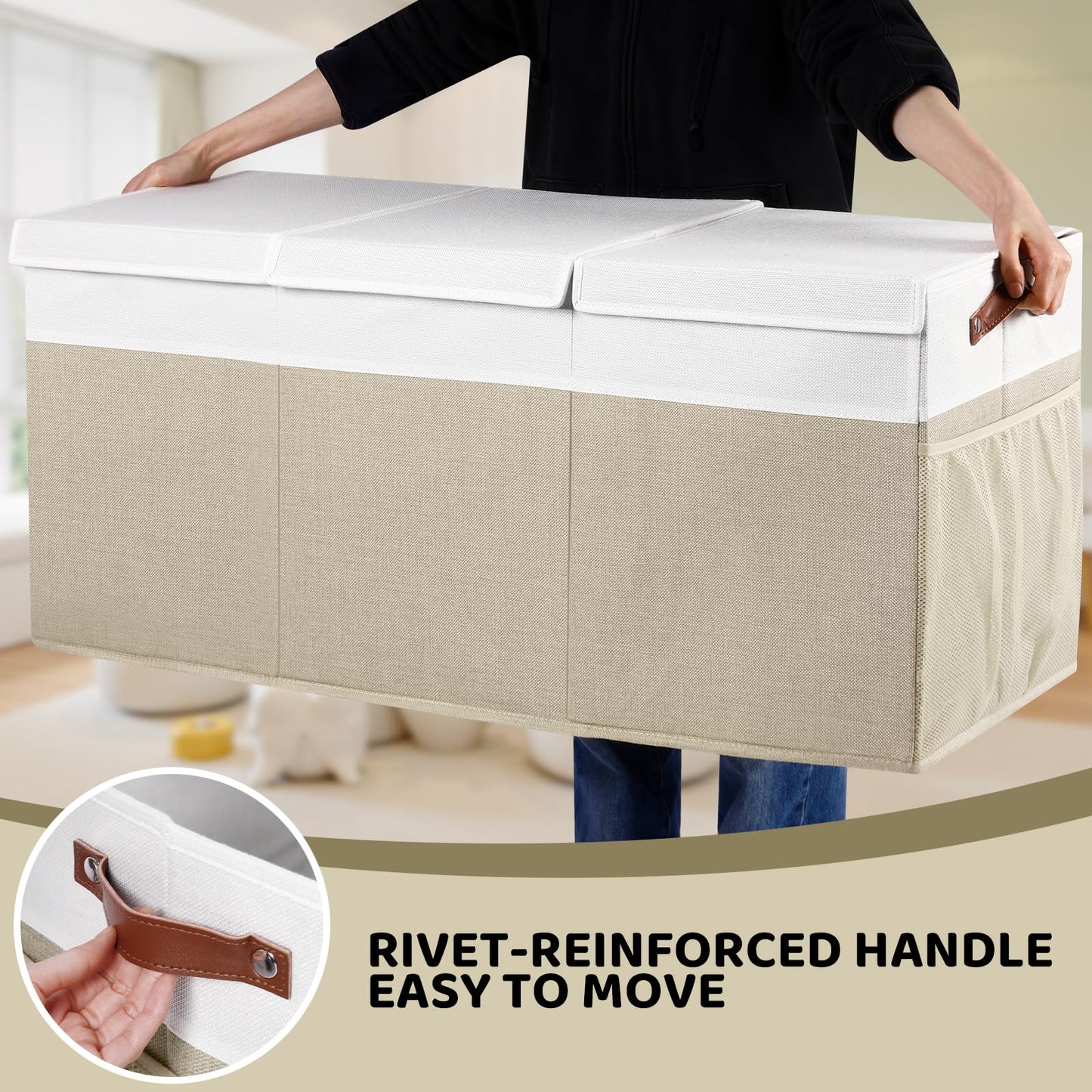 ISEMINGLA Extra Large Foldable Toy Chest with Lid,Collapsible Kids Toy Storage Box Organizer,Large Fabric Storage Bin for Nursery Playroom Bedroom Living Room,40”x18”x14”,White & Beige