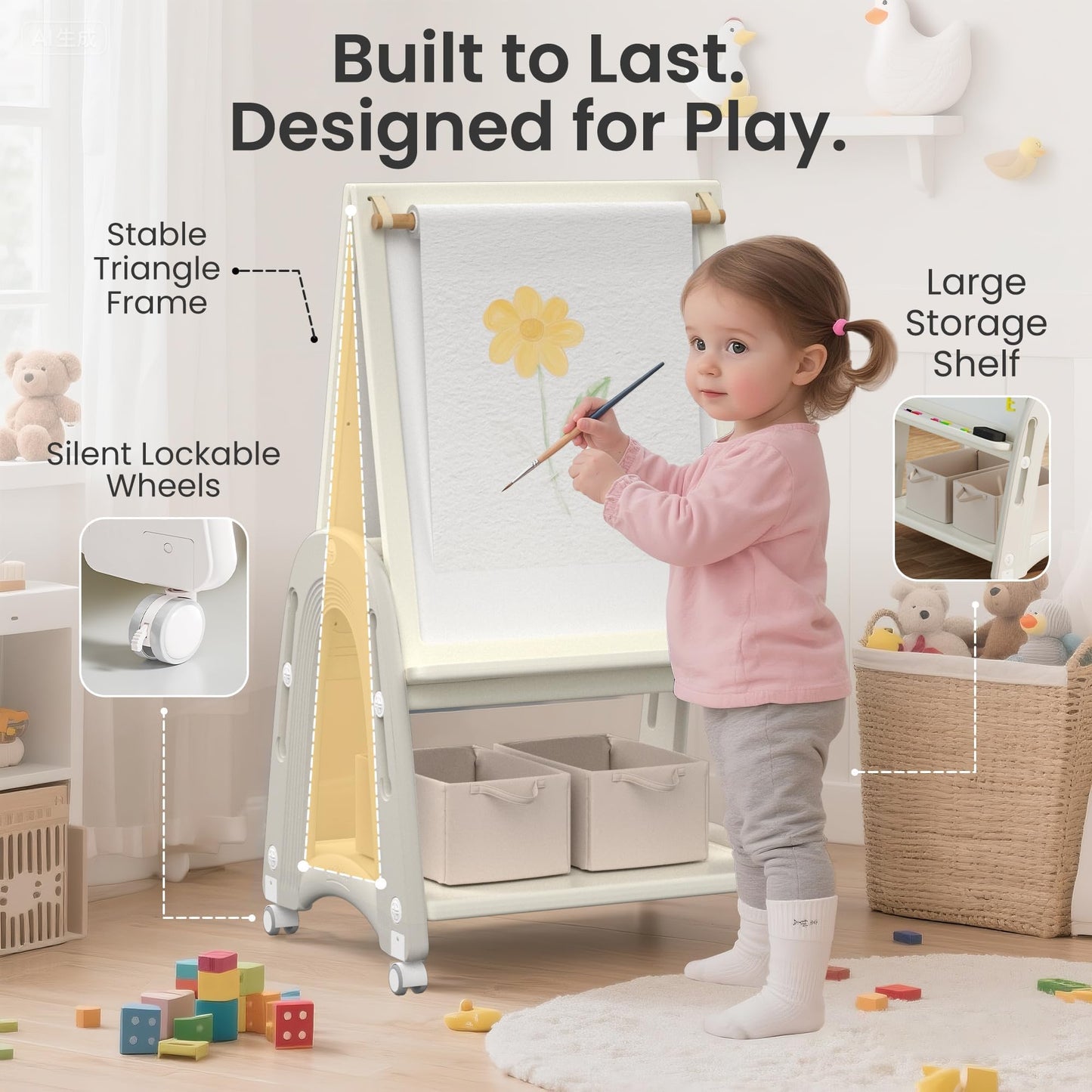 hoopyosms Art Easel for Kids 2-4 with Wheels, Whiteboard, Chalkboard & Paper Roll Adjustable Height 3-in-1 Toddler Easel for 2-4 Year Old Painting Easel for Kids with Storage & Accessories, Grey