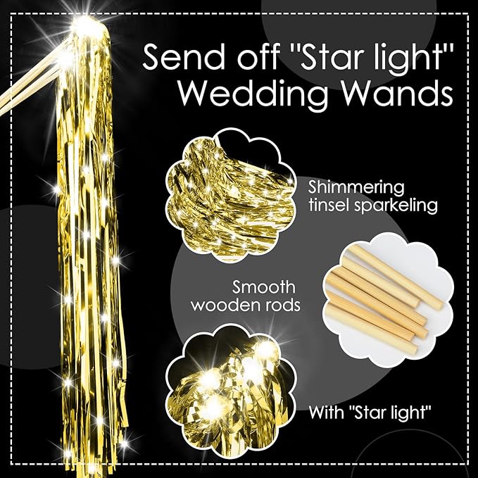 48 Pcs Lighted Wedding Wands LED Tinsel Wands Streamers Wedding Sparklers Send Off Light Sticks for Reception Birthday Exits Baby Shower Concert Christmas Party Favors(Gold)