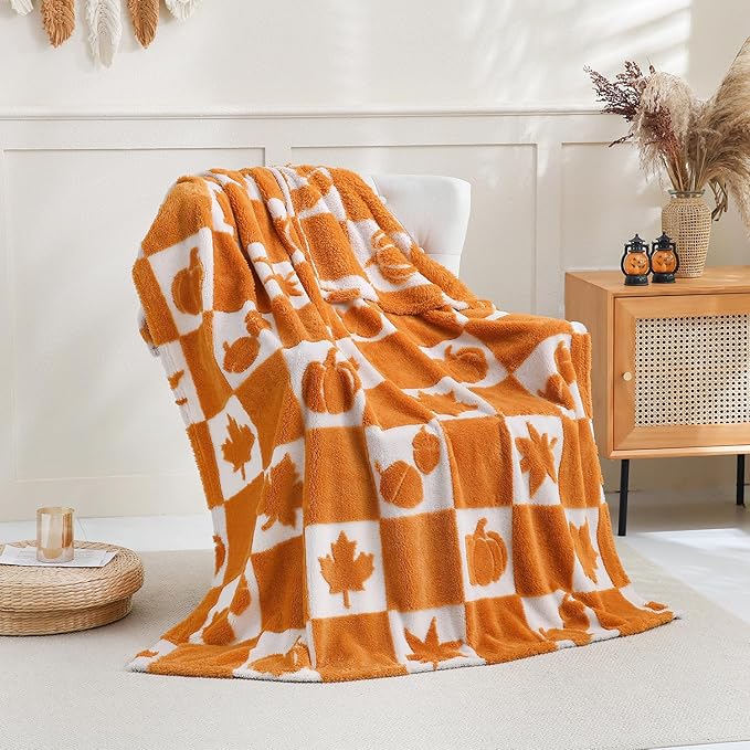 SOCHOW Fall Decor Jacquard Throw Blanket, Fuzzy Soft Warm Pumpkin Maple Leaves Plaid Autumn Checkered Blanket for Couch, Sofa and Bed, 50 x 60 Inches, Orange/White