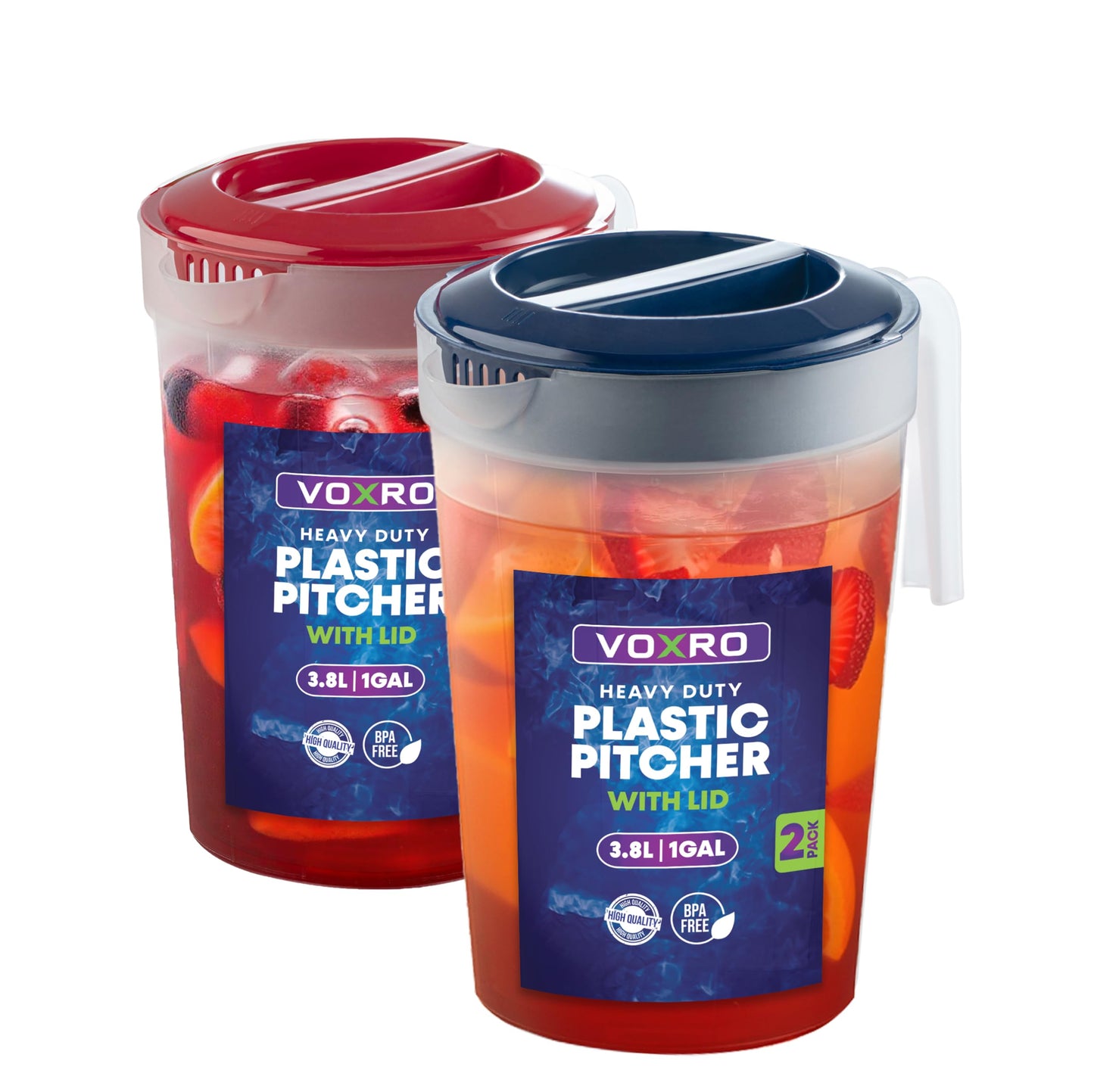 2-Pack 1-Gallon Plastic Pitchers with Lids – Iced Tea Pitchers with Twist Cover BPA-Free, Dishwasher & Freezer Safe, Ideal for Water, Juice & Fridge Storage