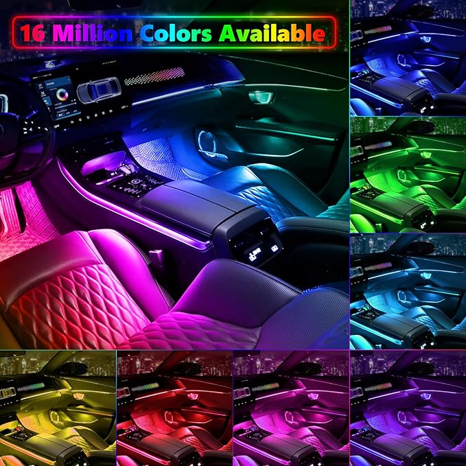 Acrylic Interior Car LED Strip Light, AMKI Dreamcolor Car Neon Light with Wireless APP Control, 10 in 1 Sub-Control Car Ambient Light Kit with DIY Mode and Music Mode, 16 Million Color Car Accessories
