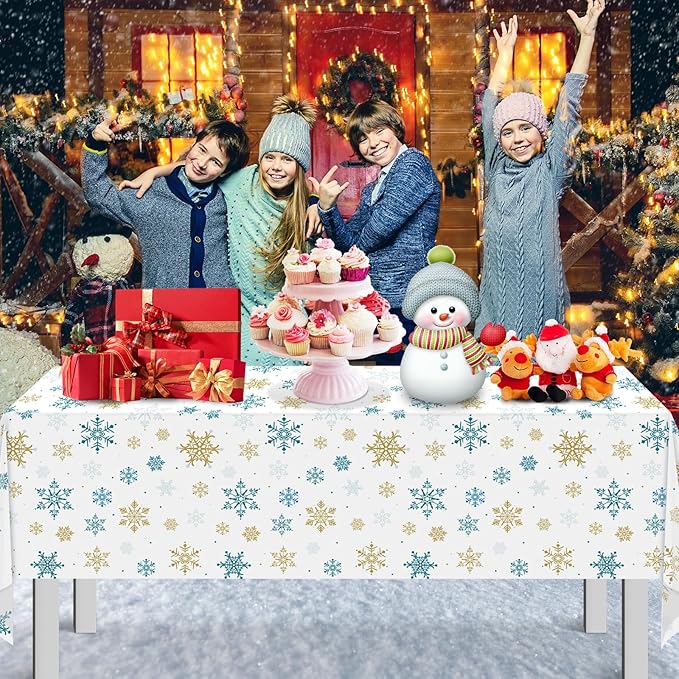1Pcs Snowflake Plastic Tablecloth Christmas Snowflake Disposable Table Cloth White Blue and Gold Winter Wonderland Table Cover for Winter Holiday Christmas Birthday Party Decorations,54x108 Inch