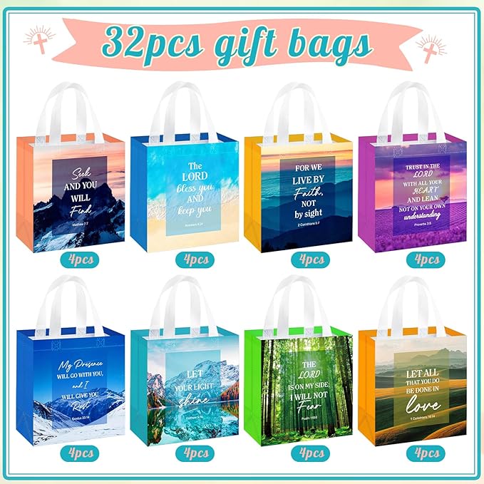 HunnmingRe 32 Pcs Christian Gift Bags Bulk, Easter Reusable Scene Religious Bible Verse Tote with Handles Non Woven Scripture Pastor Blessing Gift for Baptism Church Wedding Favors