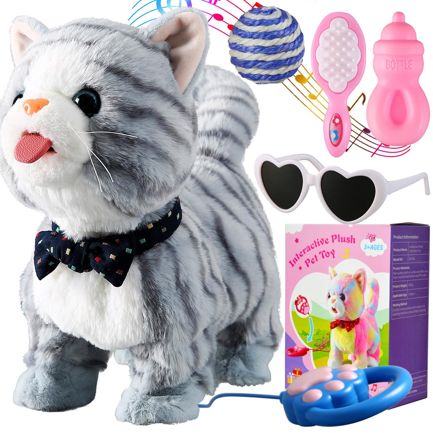 Gray Walking Cat Toy for Girls Kittens Interactive Talking Cat Meows Singing Dancing Mimicking Kitty Toys Set for Baby with Leash Plush Electronic Robot Kitties for Kids Toddlers