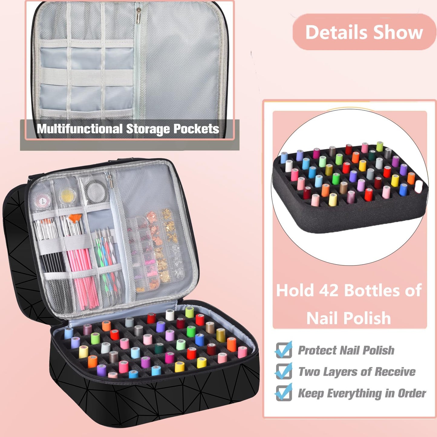 FCQQYWZ Nail Polish Organizer Case - Holds 42+ Bottles (15ml/0.5 fl.oz) and 1 Nail Lamp, Upgraded Double-layer Nail Polish Carrying Case Nail Storage Bag with Handles (Black)
